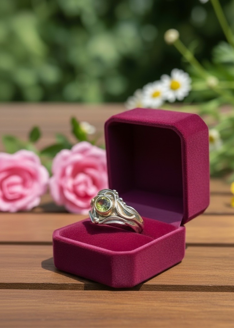 Vintage Art Nouveau Style Peridot Sterling Silver and 14K YG Vermeil Ring Size 8