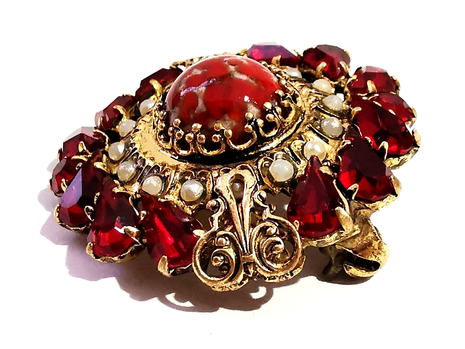 Vintage Czech Red Glass Brooch Pin Gilded Brass Faux Pearls Central Art Glass
