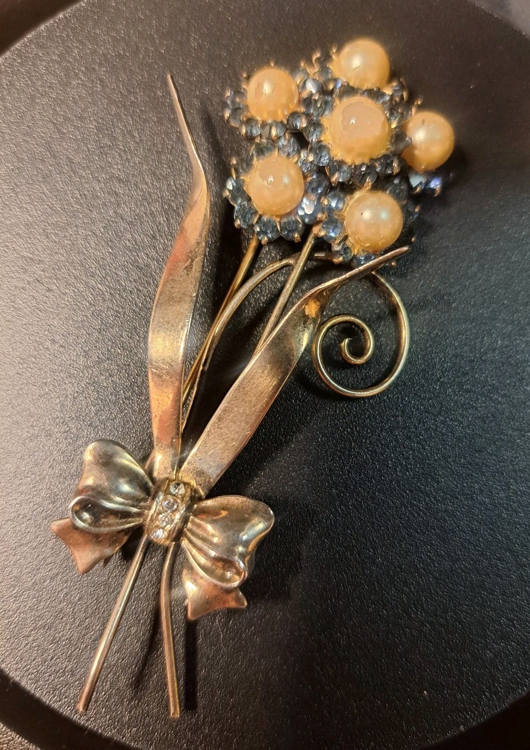 1950s 925 Sterling Silver Vermeil Blue Rhinestone Faux Pearl Brooch 3.5” 17gr