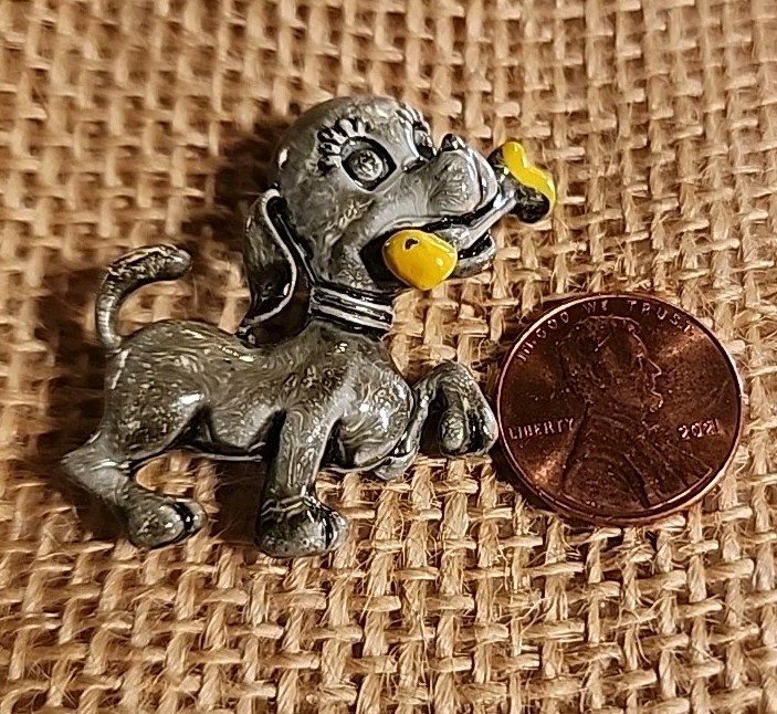 Vintage Enamel Scatter Pin Puppy Dog With Yellow Bone Brooch
