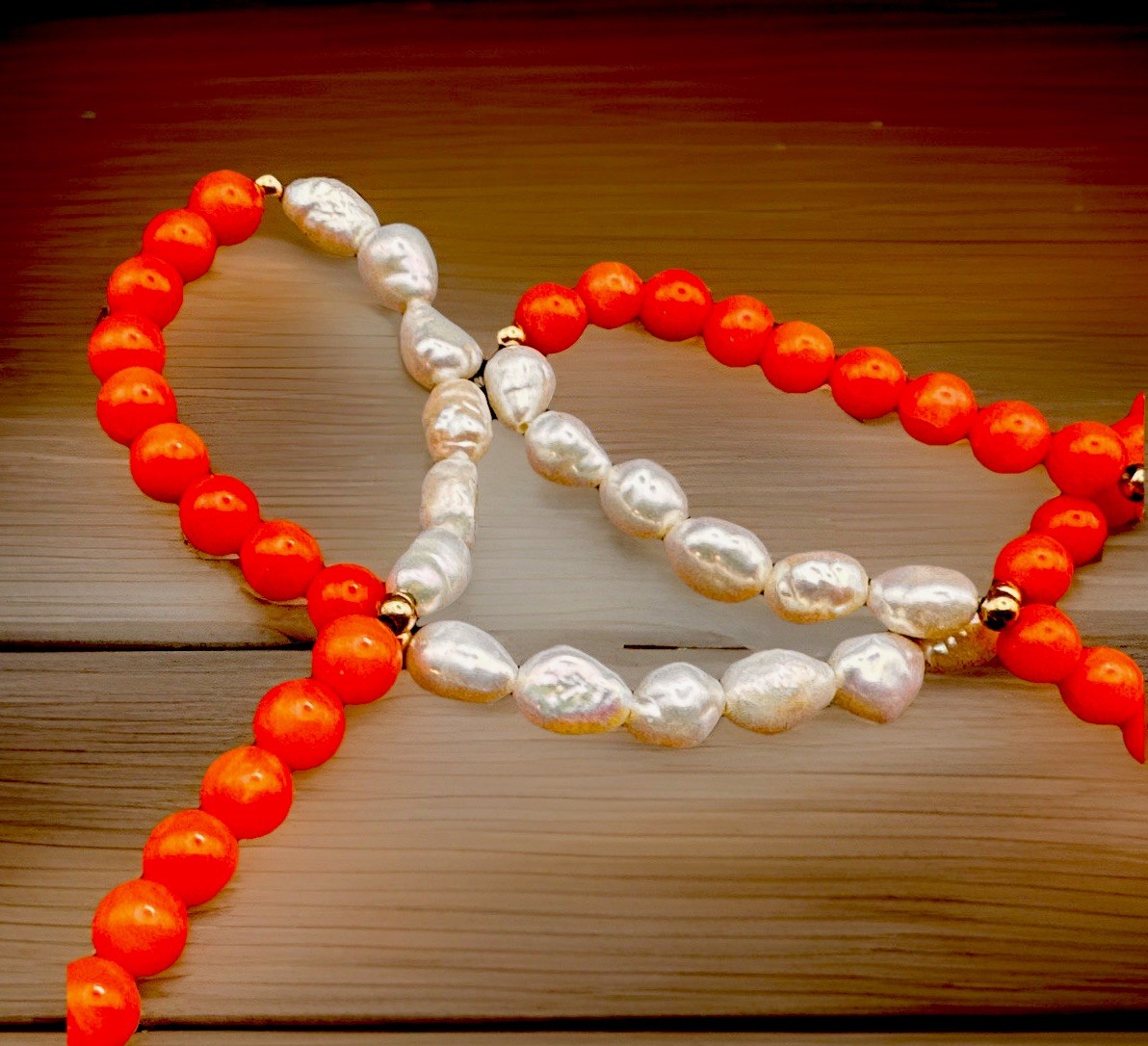 VINTAGE GENUINE CORAL BEADS/Pearl NECKLACE 14K CLASP Beautiful Classic F/S