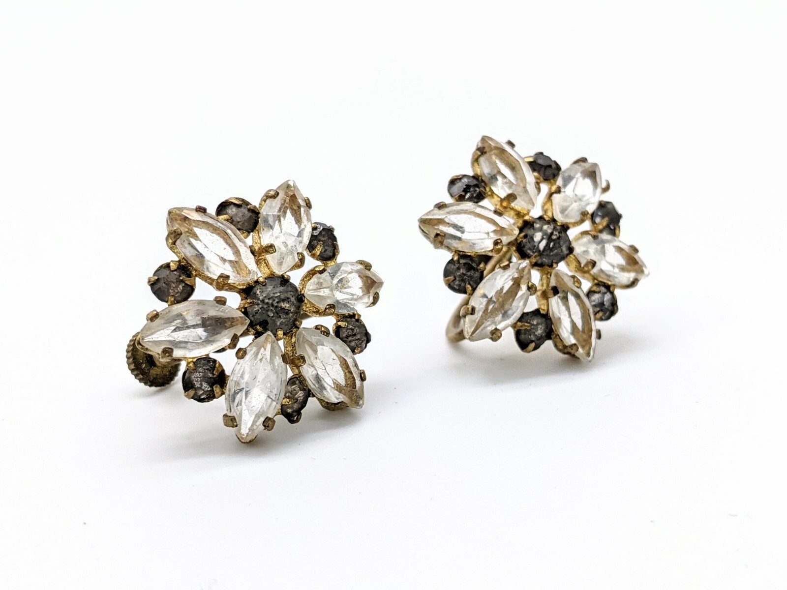 Vintage Screw-back Earrings Topaz & Clear Rhinestones Gold Tone Czechoslovakia