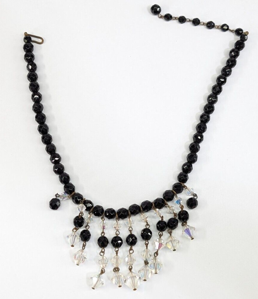 Vintage Black Glass Faceted AB Crystal Fringe Beaded Bib Statement Necklace