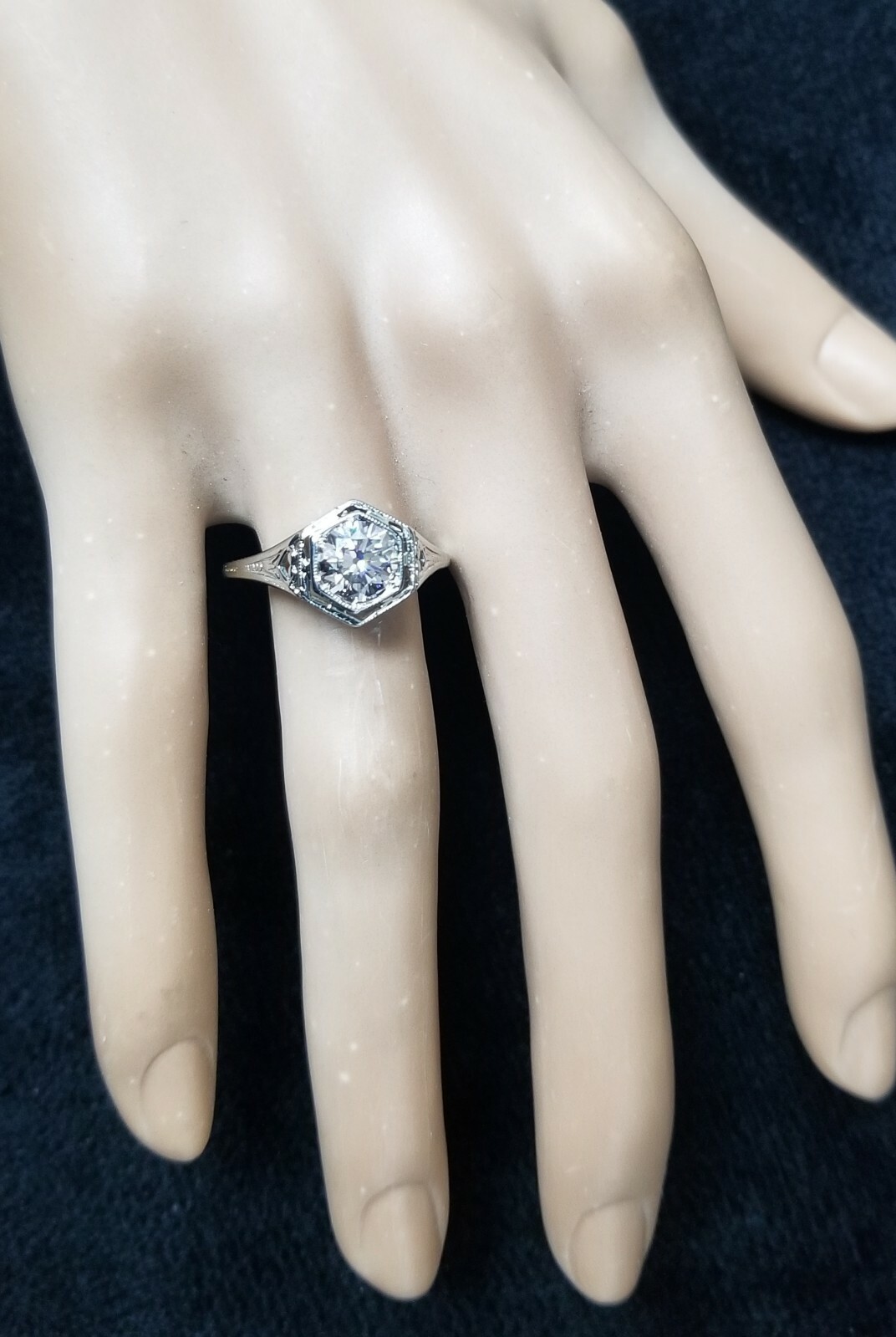 18k White Gold Vintage Engagement Ring 1.10ct.Euro Cut Round Champagne Diamond