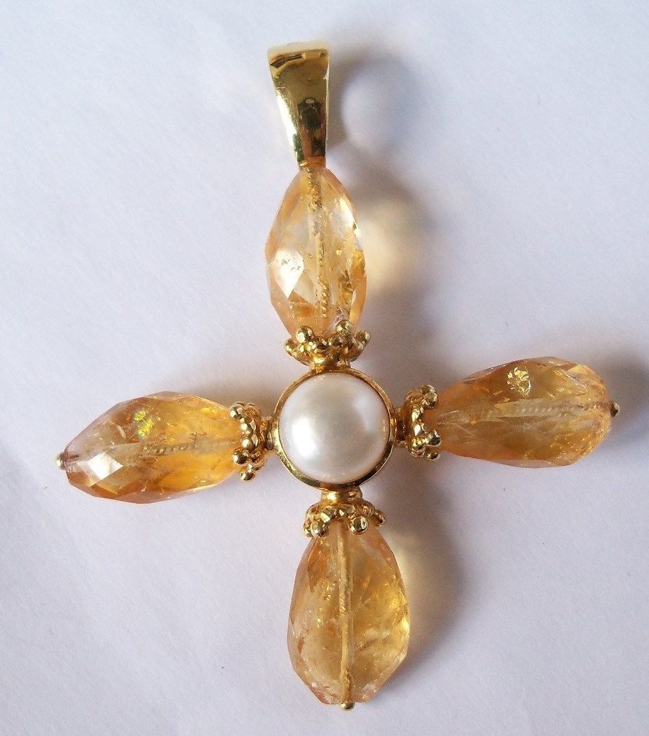 Vintage Mazza MAZ 18k Gold Citrine Pearl Cross Pendant Large Signed 21.4g