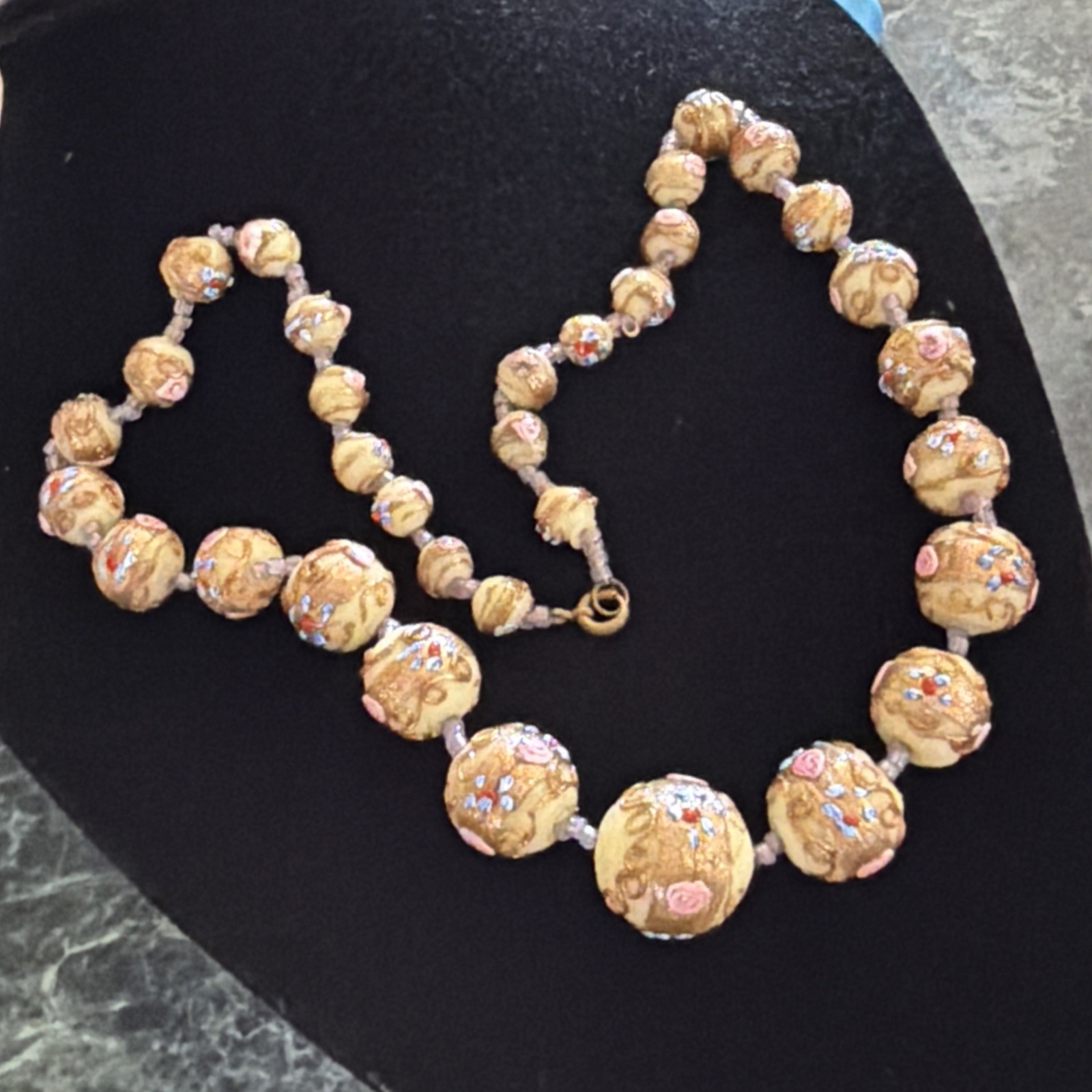 Vintage Murano Venetian Art Glass Necklace, Wedding Cake beads Ivory Gold Pink!