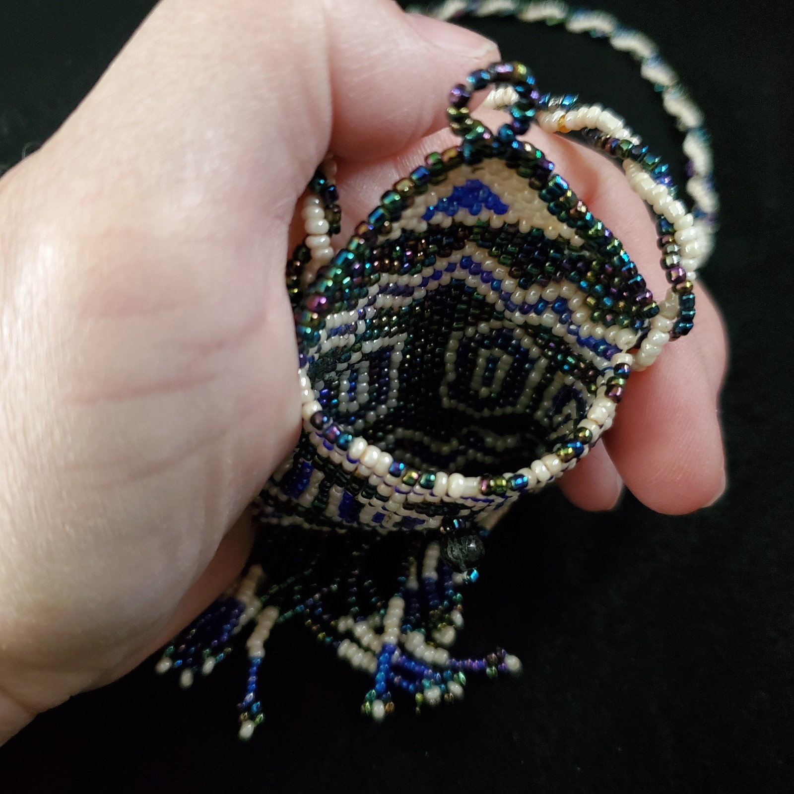 Vintage Mini Purse Necklace Seed Beaded Coin Pouch Artisan Oil Slick 24″ READ