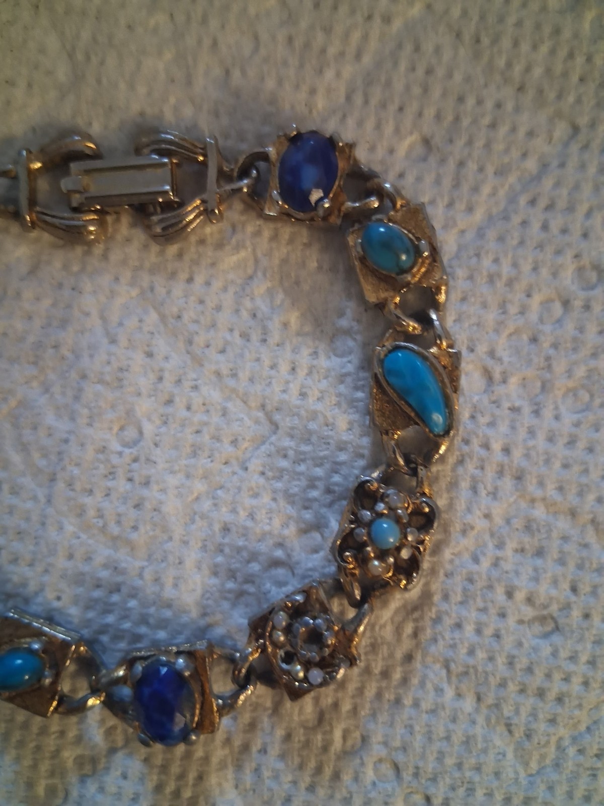 Vintage LJM gold tone chain link bracelet faux blue stones small pearls