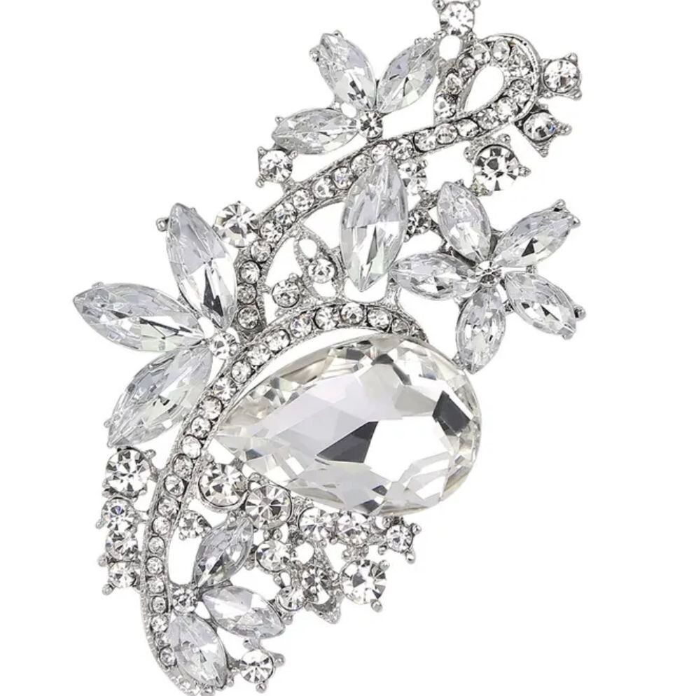 Rhinestone Cluster Brooch Clear Glass Silver Tone