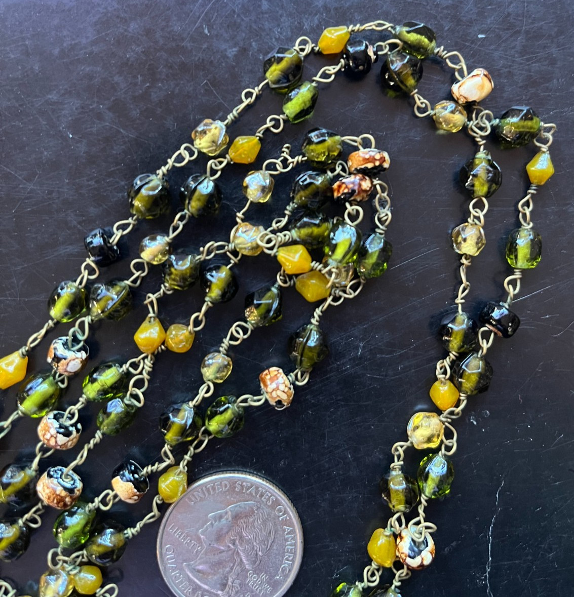 Pretty Antique Earthtones Multi-shape Molded Glass Beads Hand Wired 62″ Necklace