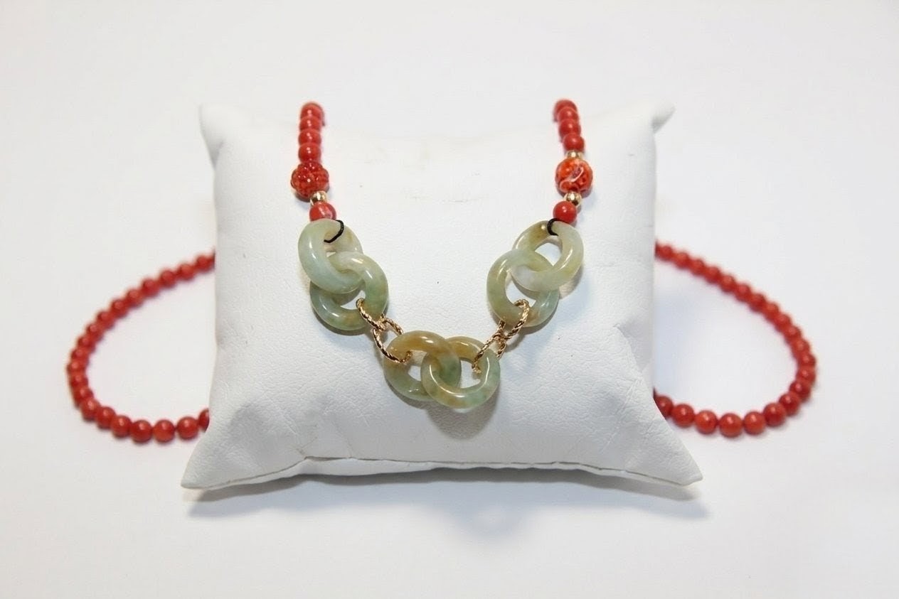 Italian Natural Red Coral Interlocking Jade Necklace
