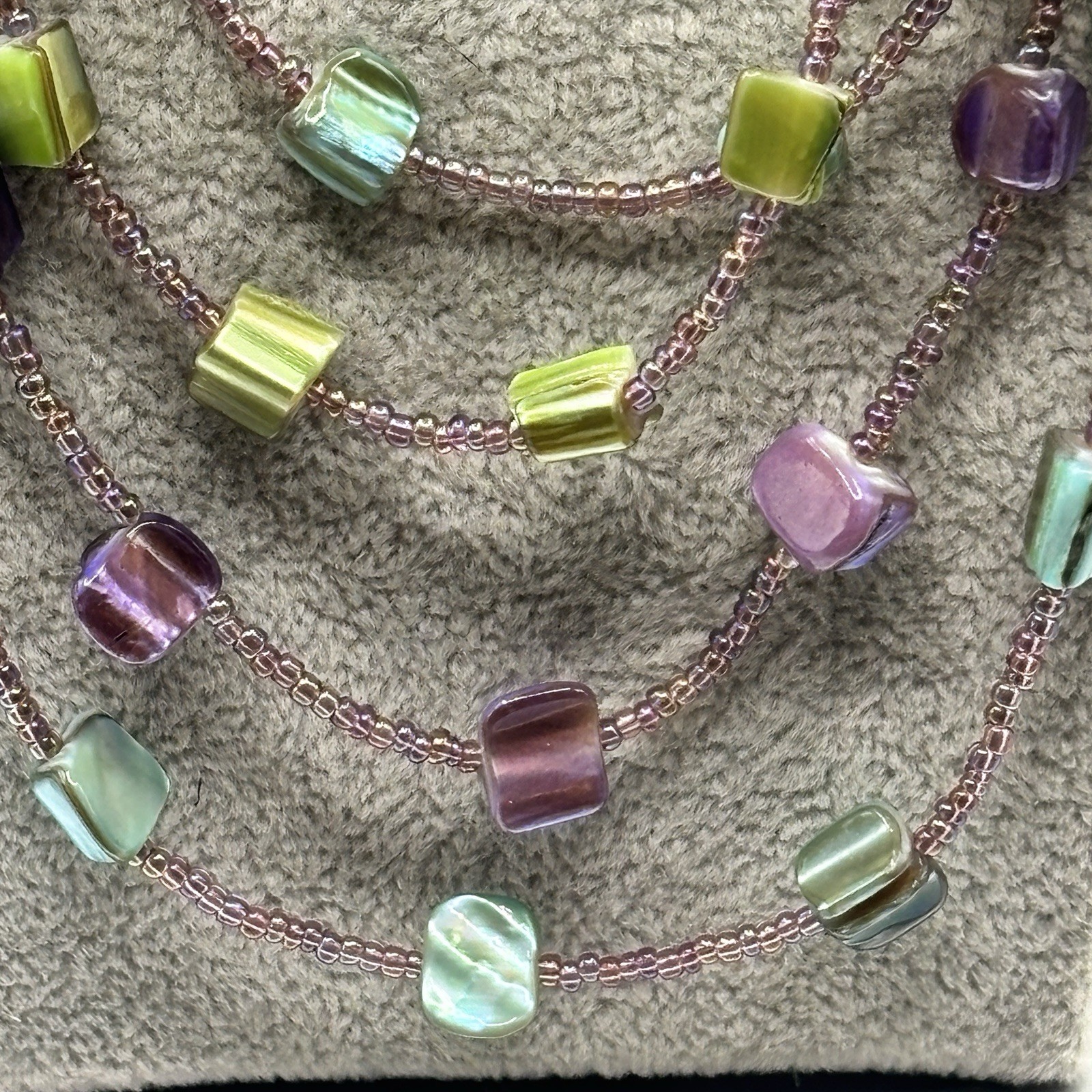4-Strand Shell MOP Abalone Necklace Purple Blue & Seed Beads 15” + 2” Ext Jewels