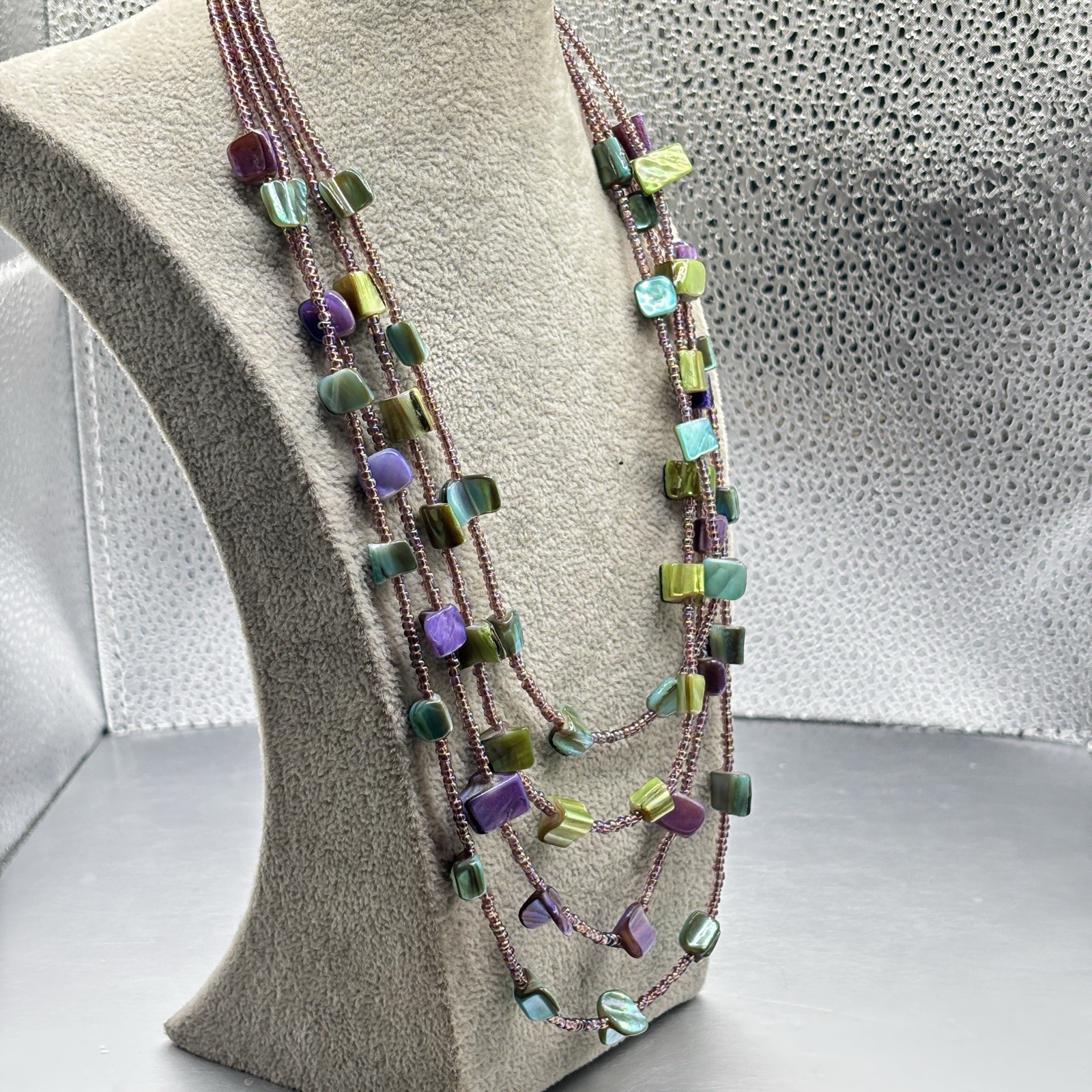 4-Strand Shell MOP Abalone Necklace Purple Blue & Seed Beads 15” + 2” Ext Jewels