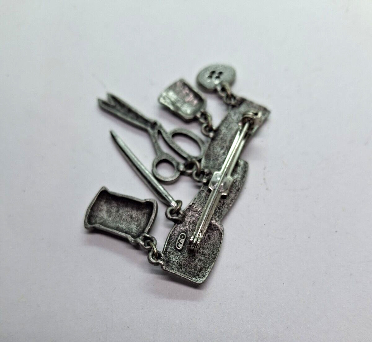 Vintage JJ Sewing Themed Brooch Scissors Button Thread danglers Measuring Tape
