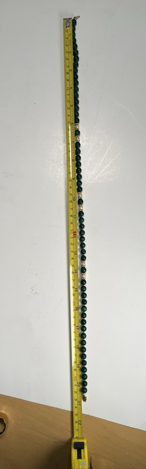 Beaded Malachite Pearl 21″ Necklace 14K Fish Hook Clasp