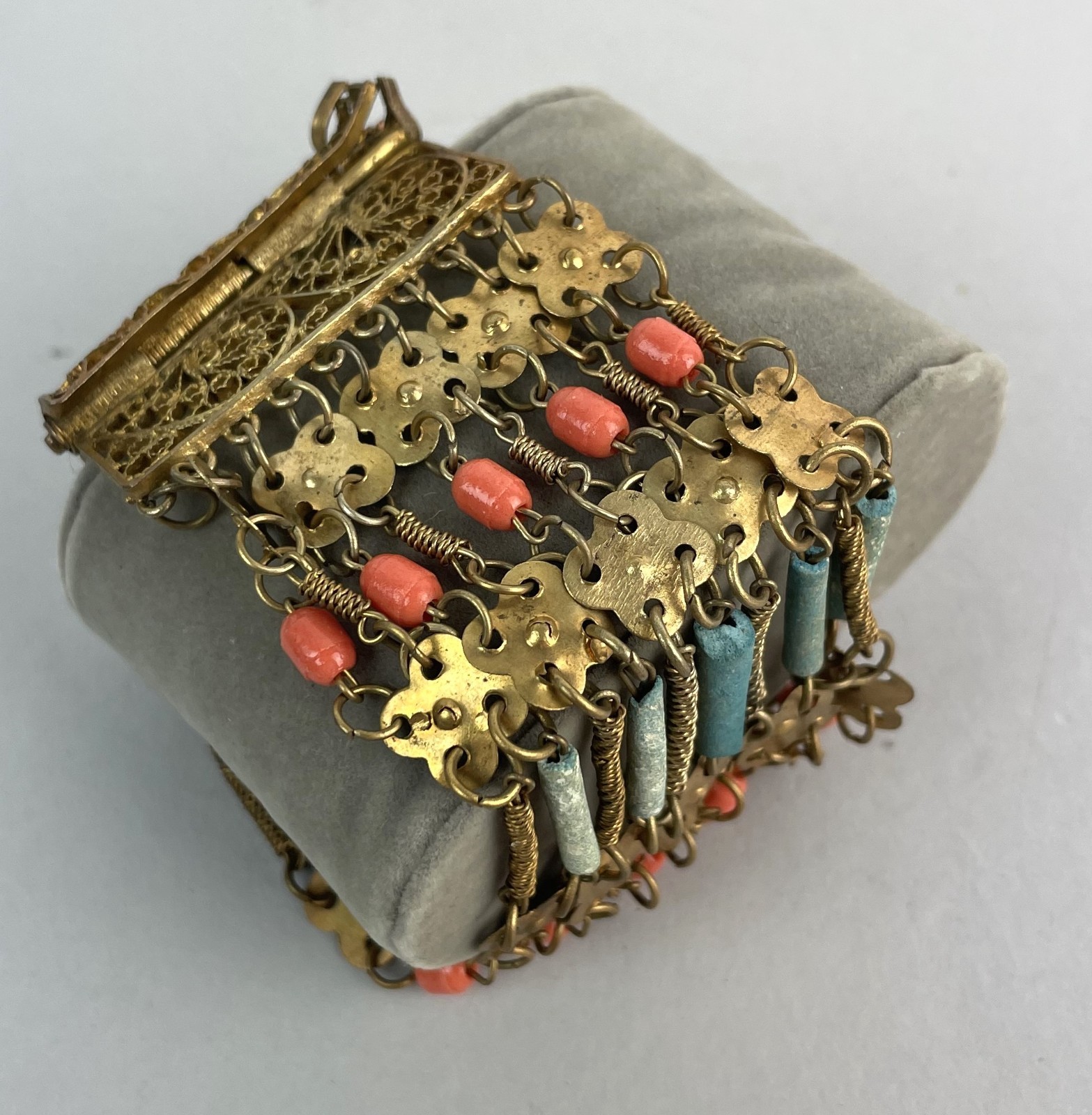 Antique 1920s Egyptian Revival Bracelet Gilt with Coral & Turquoise Beads 7.25in