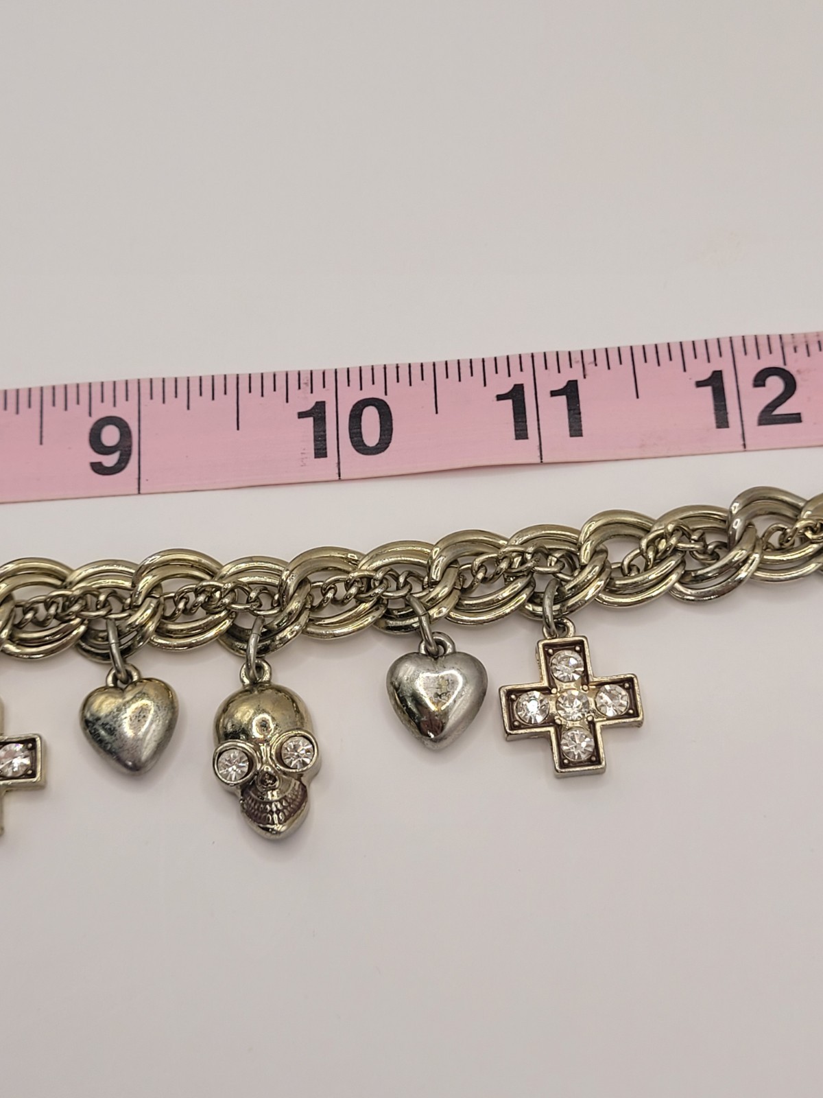 Punk Retro Gwen Skulls Hearts Crosses Charm Necklace Gold Tone Crystals 18″