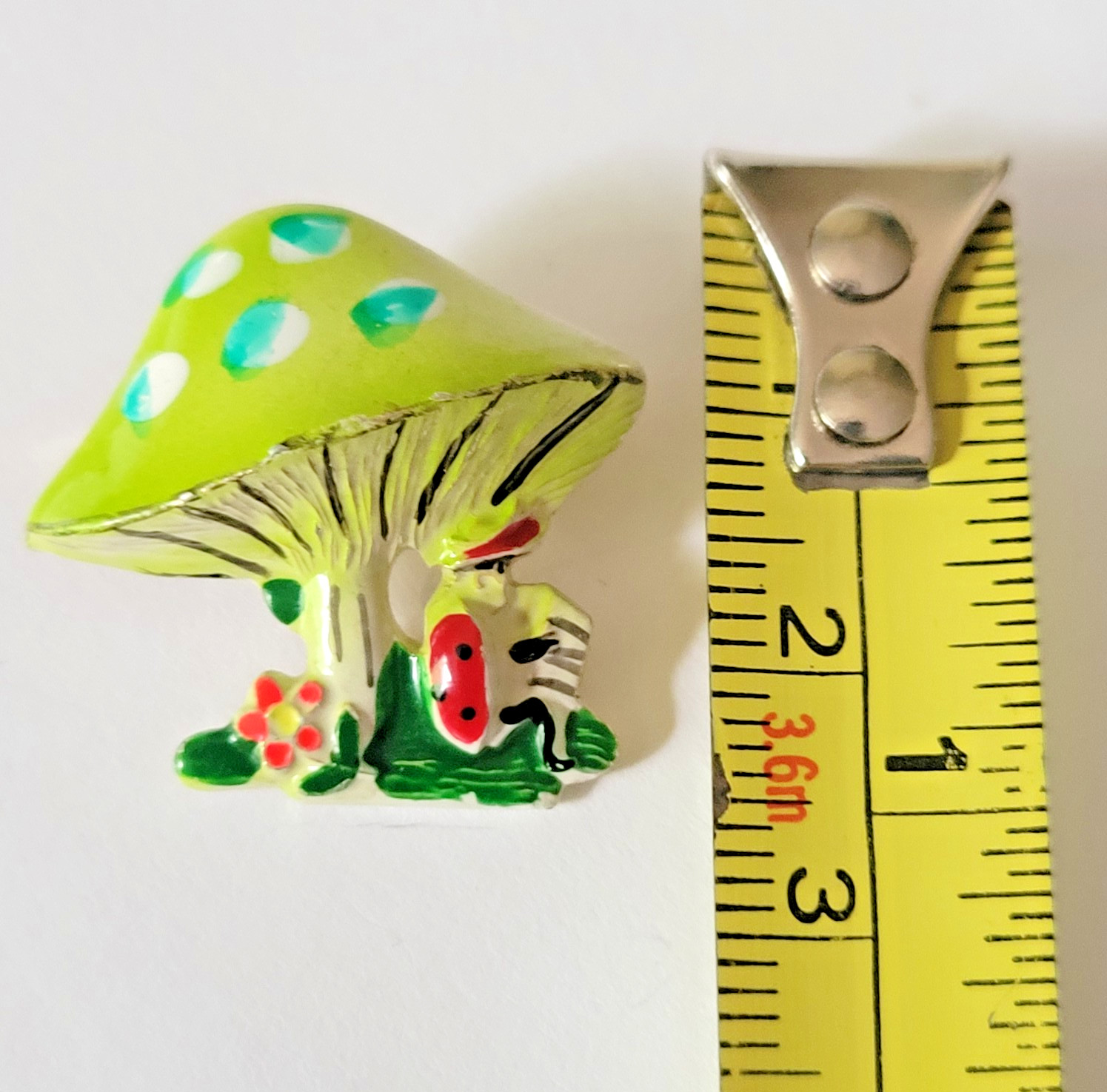 Vtg Painted Mushroom Brooch 3D Pin Man playing Accordion Signed Korea Whimsical