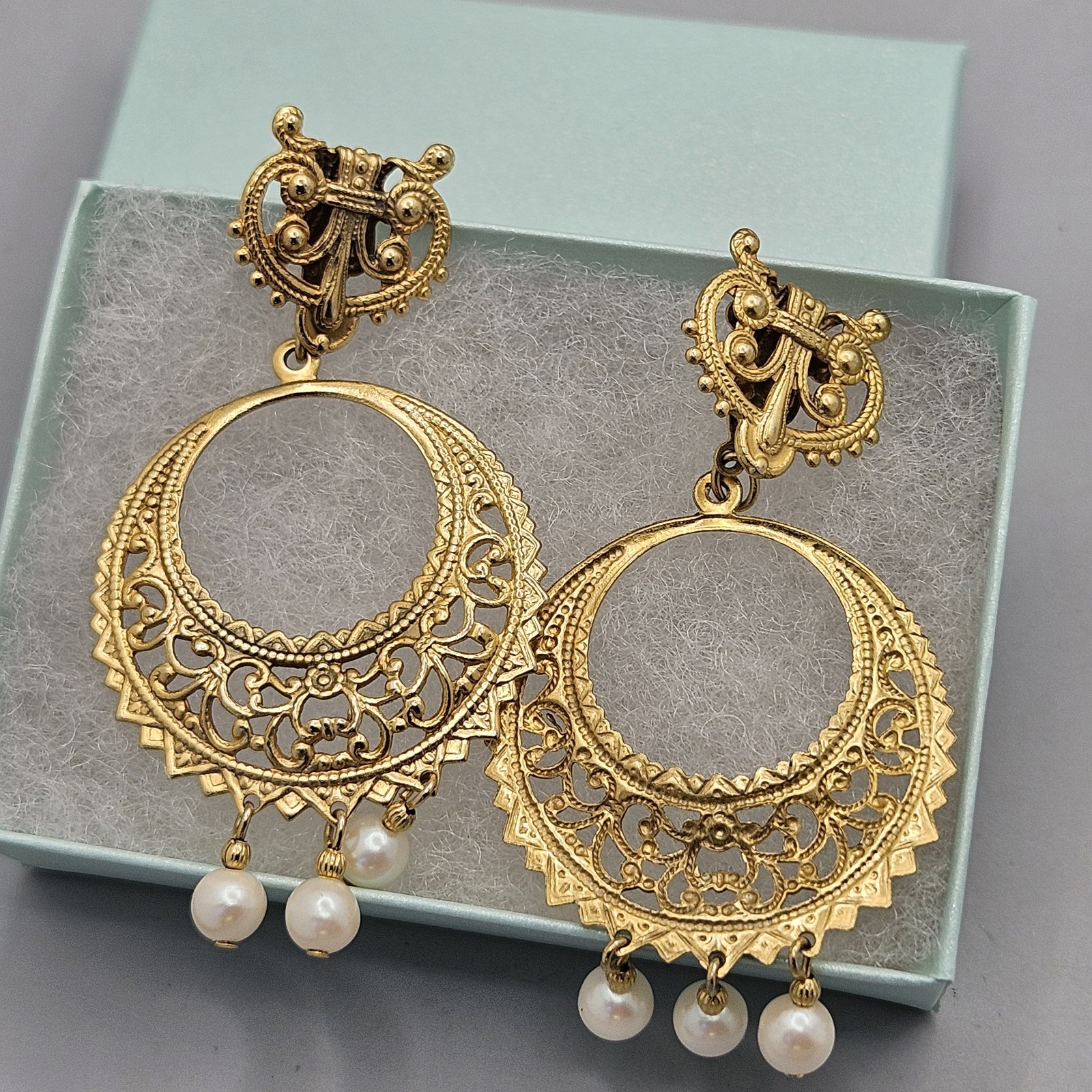 Vintage Gold Tone Earrings Filigree Hoop Faux Pearl Dangle Pierced Post Ornate