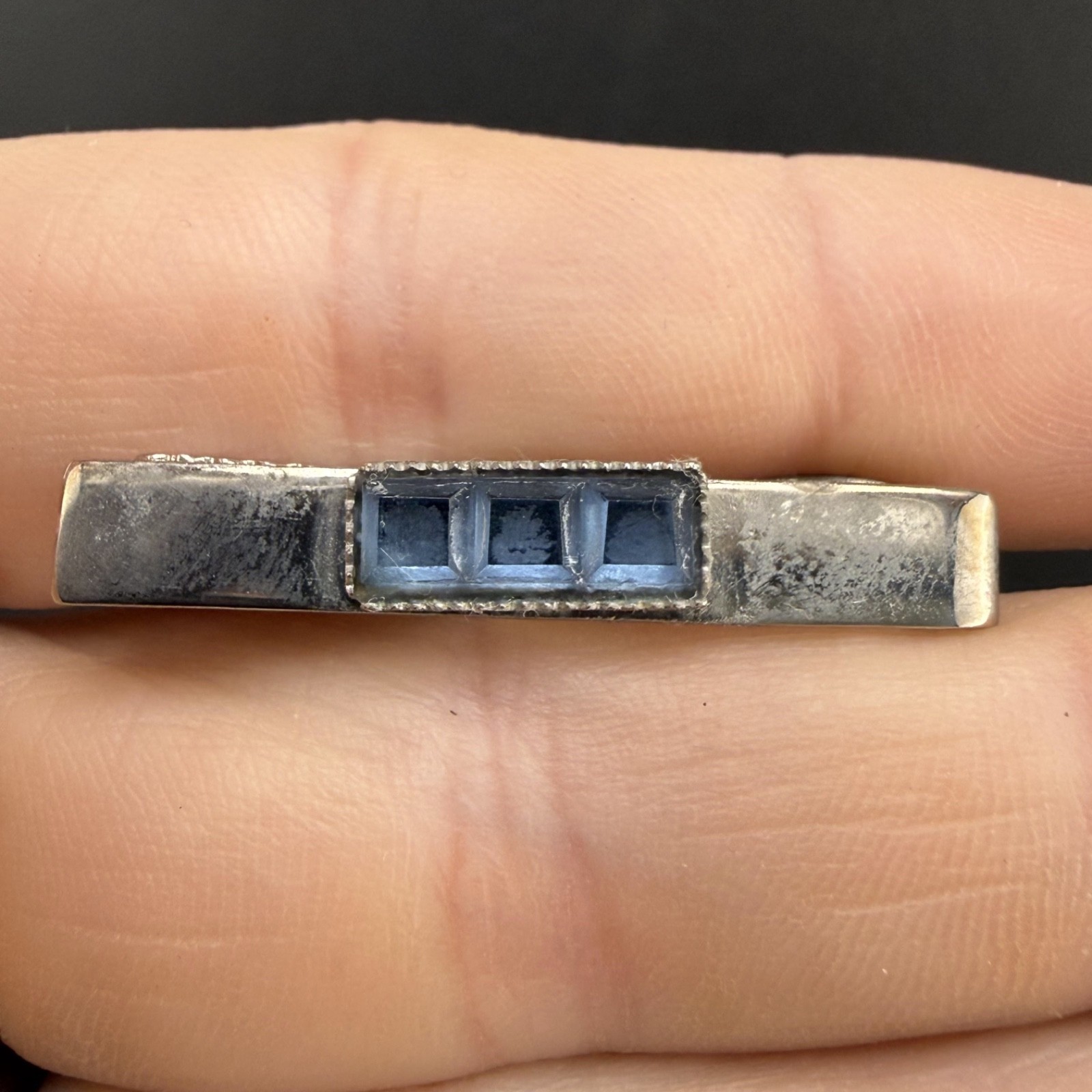 Vintage Cufflink Tiebar Clip Set Silver Tone Blue Rhinestone