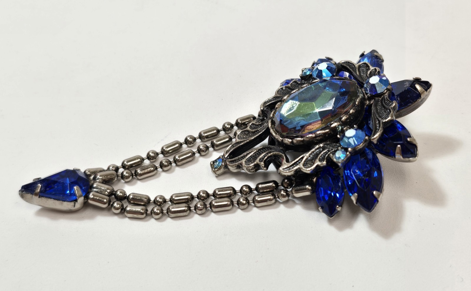 Vintage Juliana Vitrail Blue Rhinestone Ball Chain Dangle Brooch