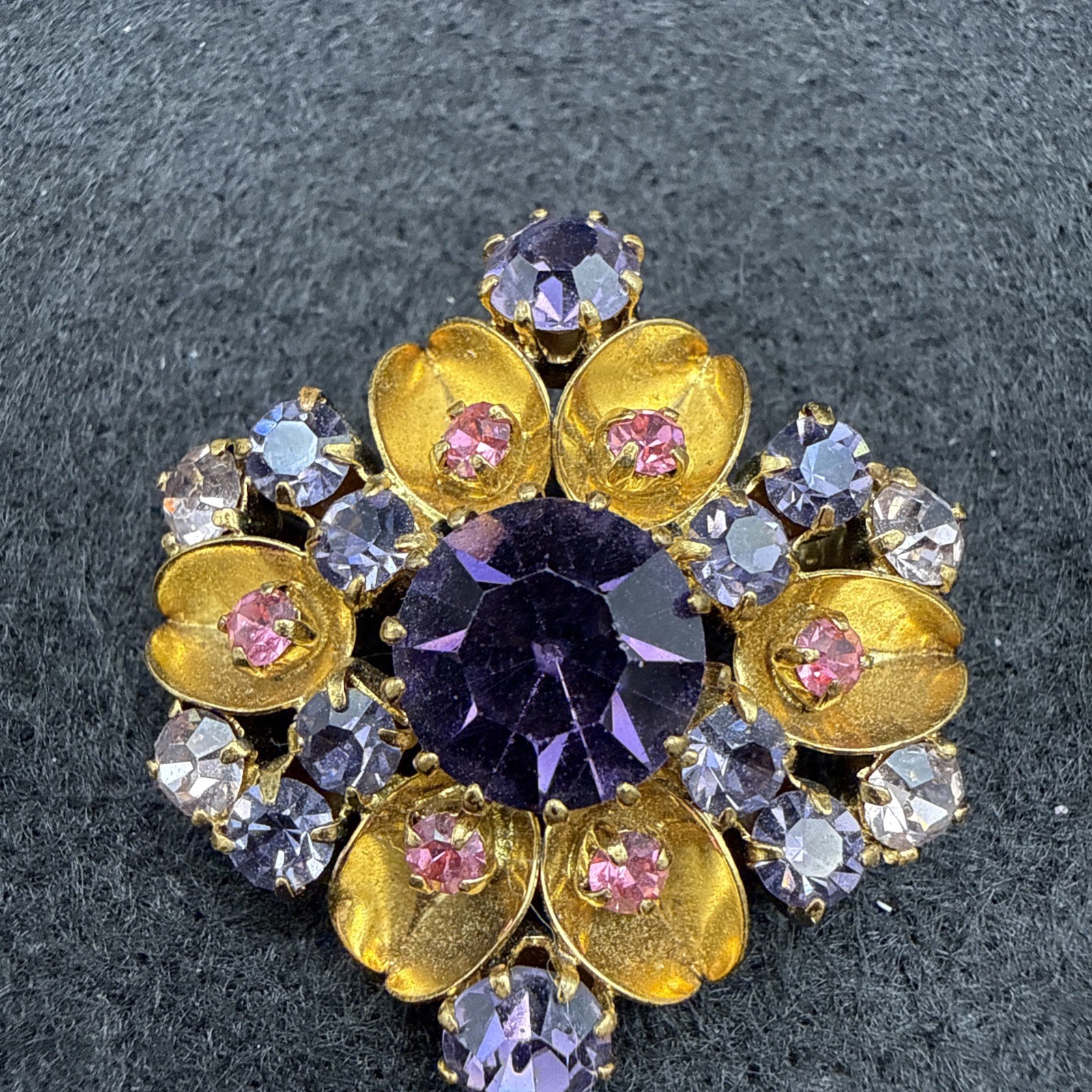 VINTAGE AUSTRIA SIGNED PURPLE AND BLUE RHINESTONE BROOCH