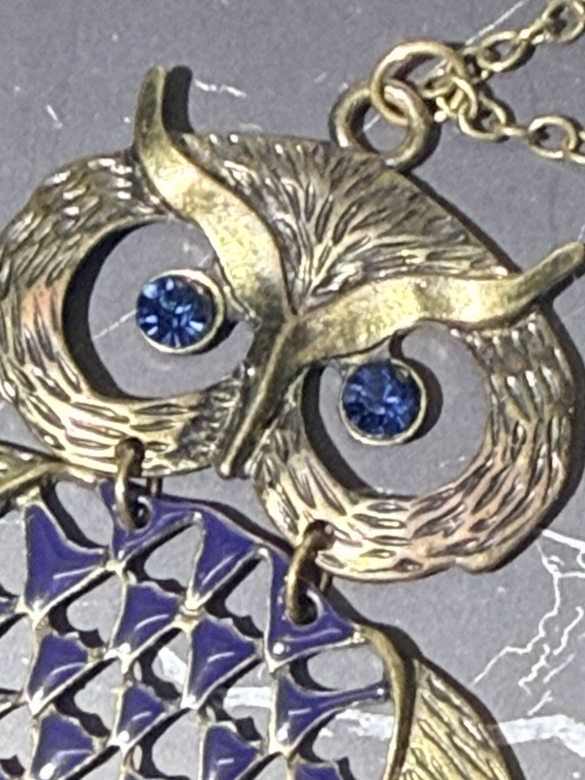 Vtg 1970″s Articulated Owl Pendant 3.75″ Silver Tone Blue Stone Eyes 30″ Chain
