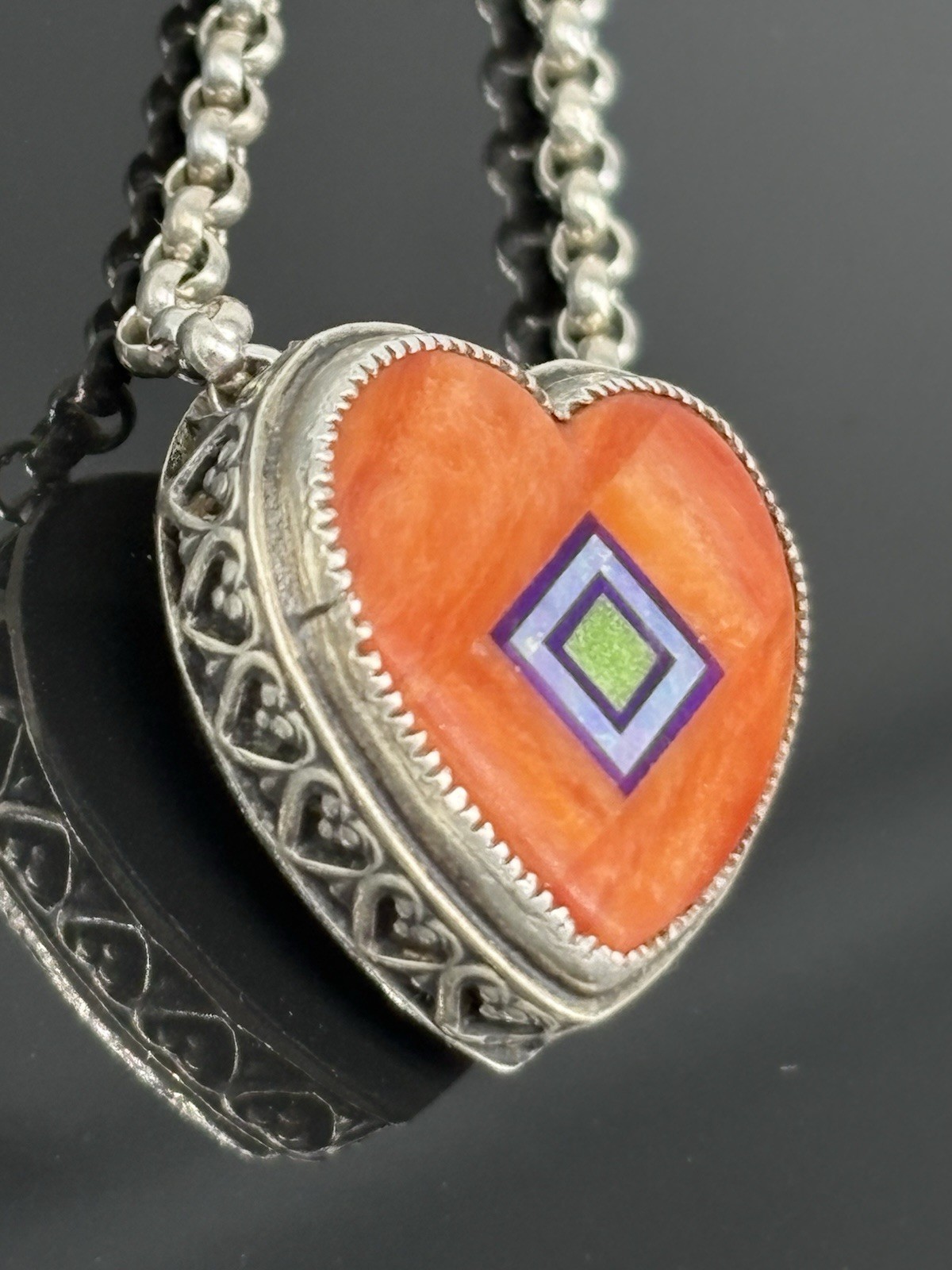 Aldrich Art Jewelry Necklace Orange Heart Inlay Sterling Silver Vintage 18″