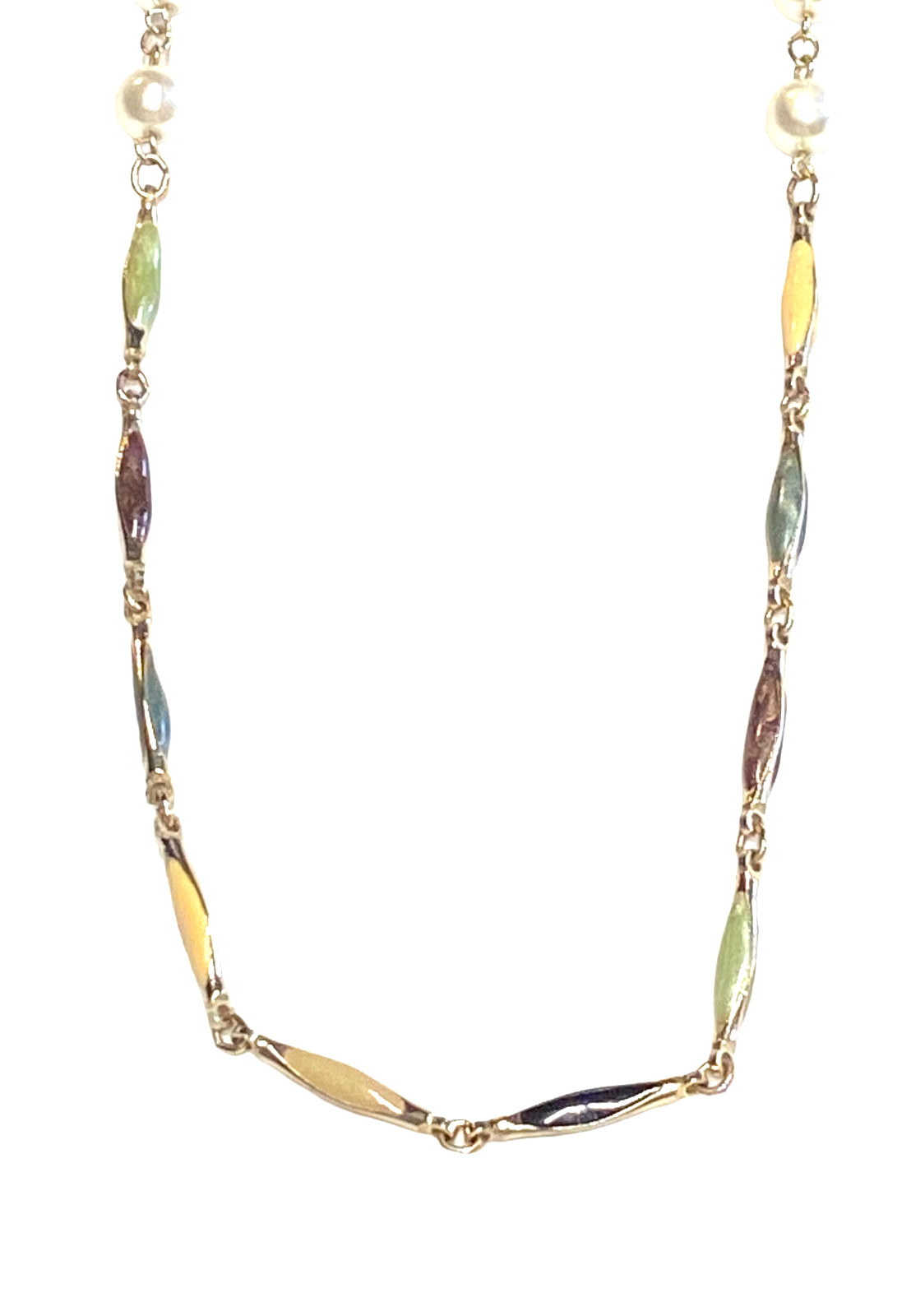 Vintage Gold Tone Multicolor Enamel Bar Link Elliptical Faux Pearl Necklace 25″
