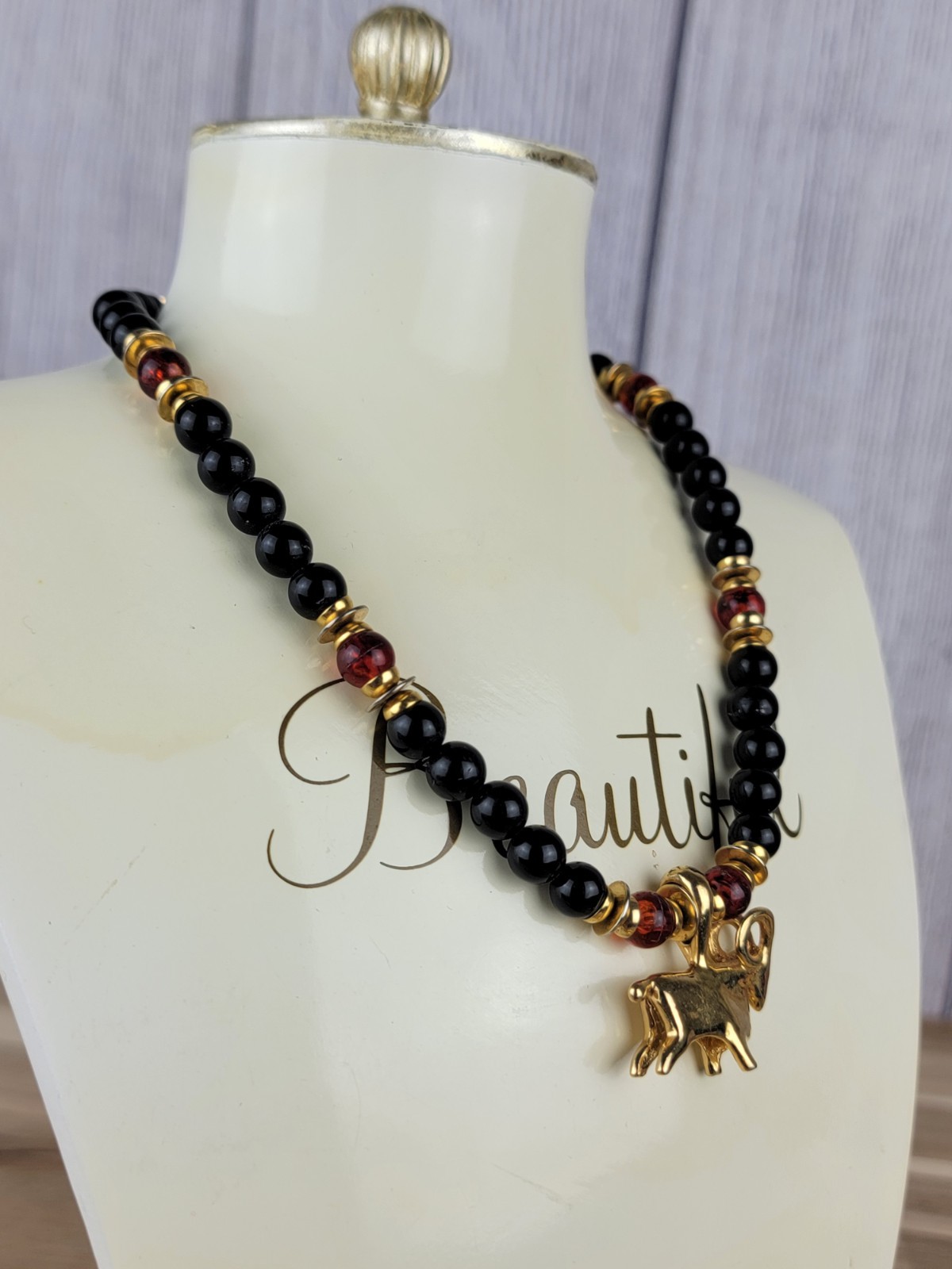 Vintage Gay Boyer Signed 15″ Beaded Necklace Ram Pendant Rare