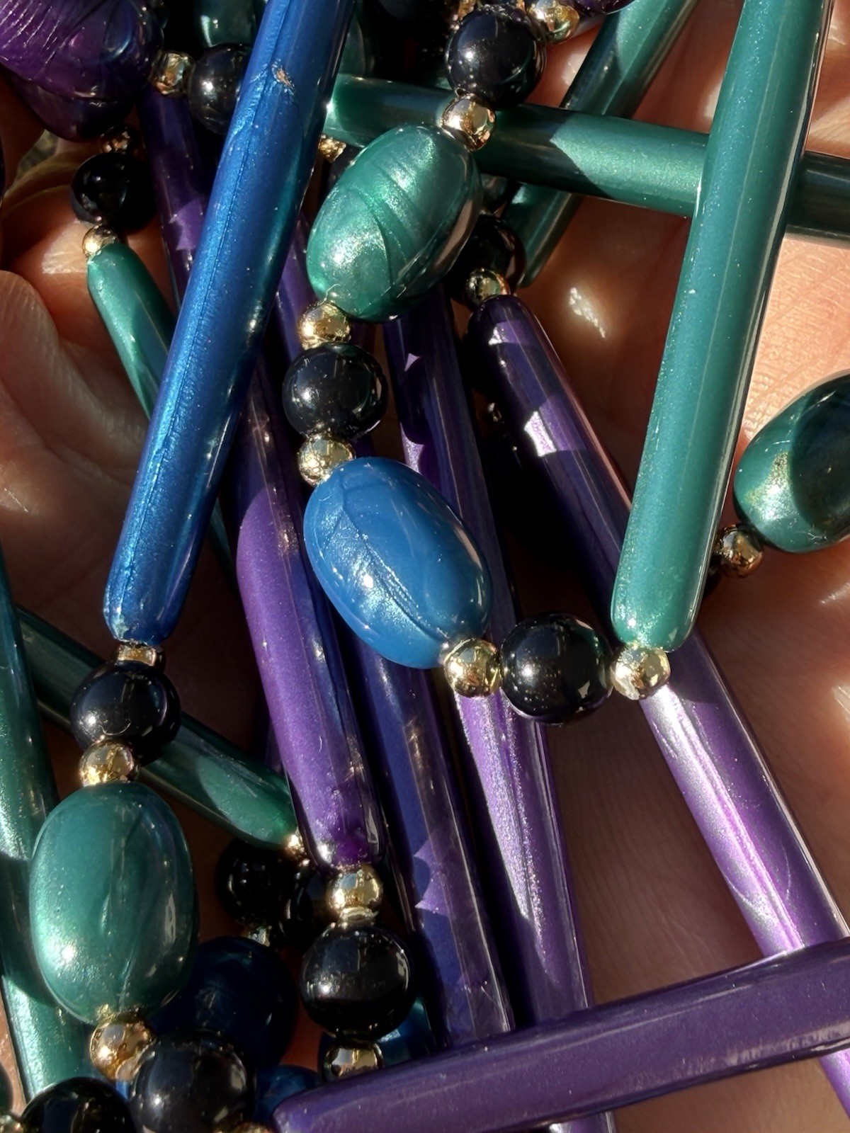 Vintage 3 Strand Purple & Teal Blue Marbelized Peacock Color Necklace 34″L