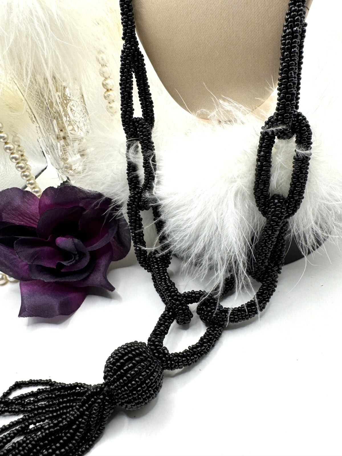 Designer Black Micro-Beaded Statement Necklace Multi-Looped Rare High End