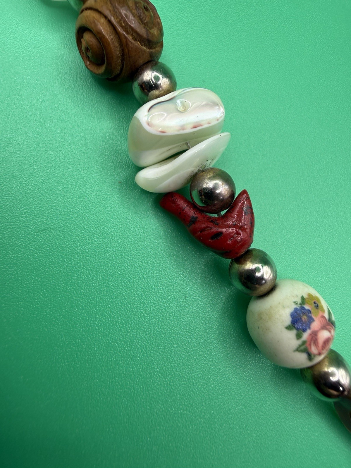 Vintage Mixed Bead Multicolor Necklace Shell Wood Ceramic Metal Glass