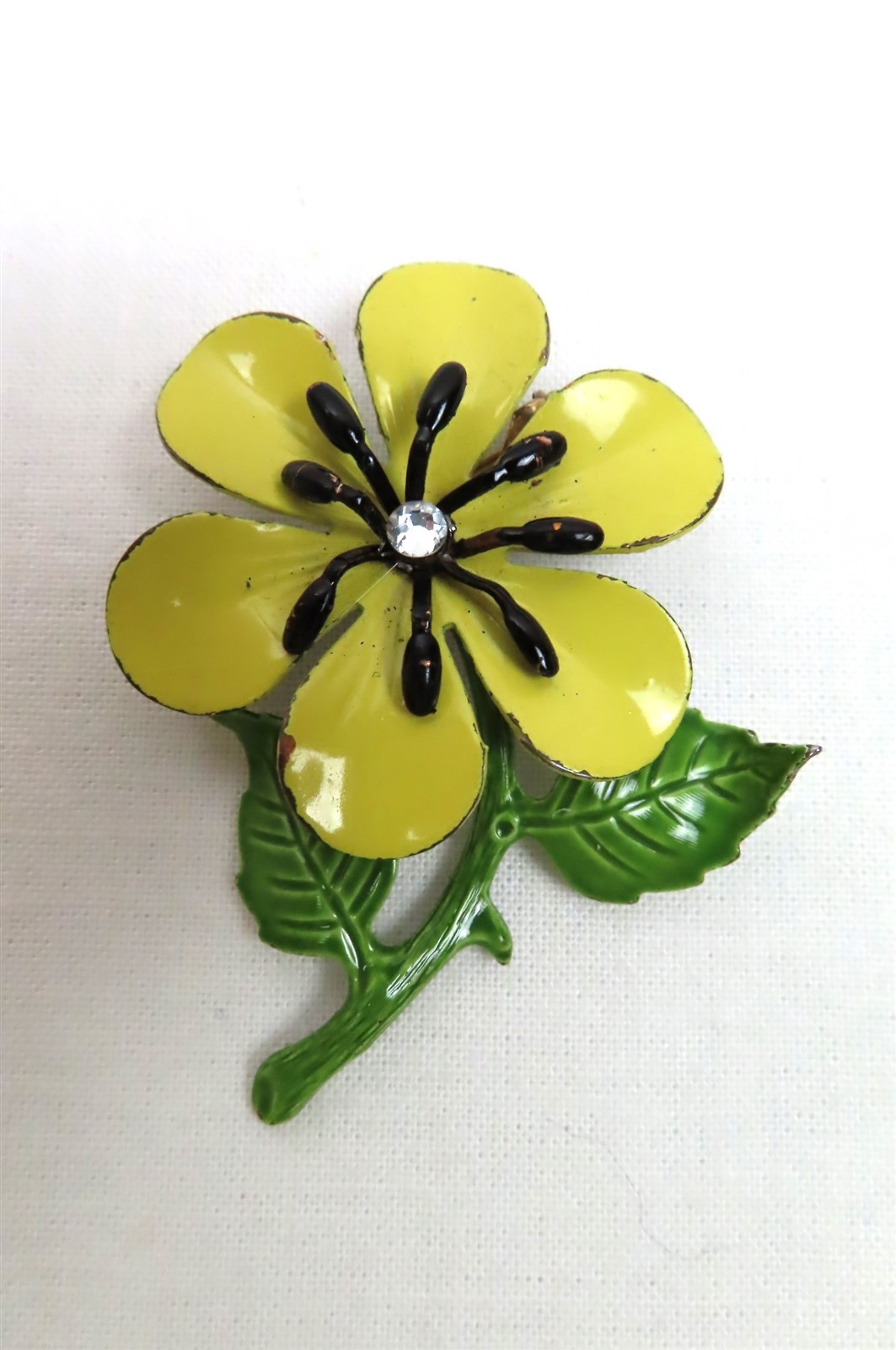 Yellow & Black Enamel Pansy Flower Pin Brooch Rhinestone 60’s Vibe Vintage