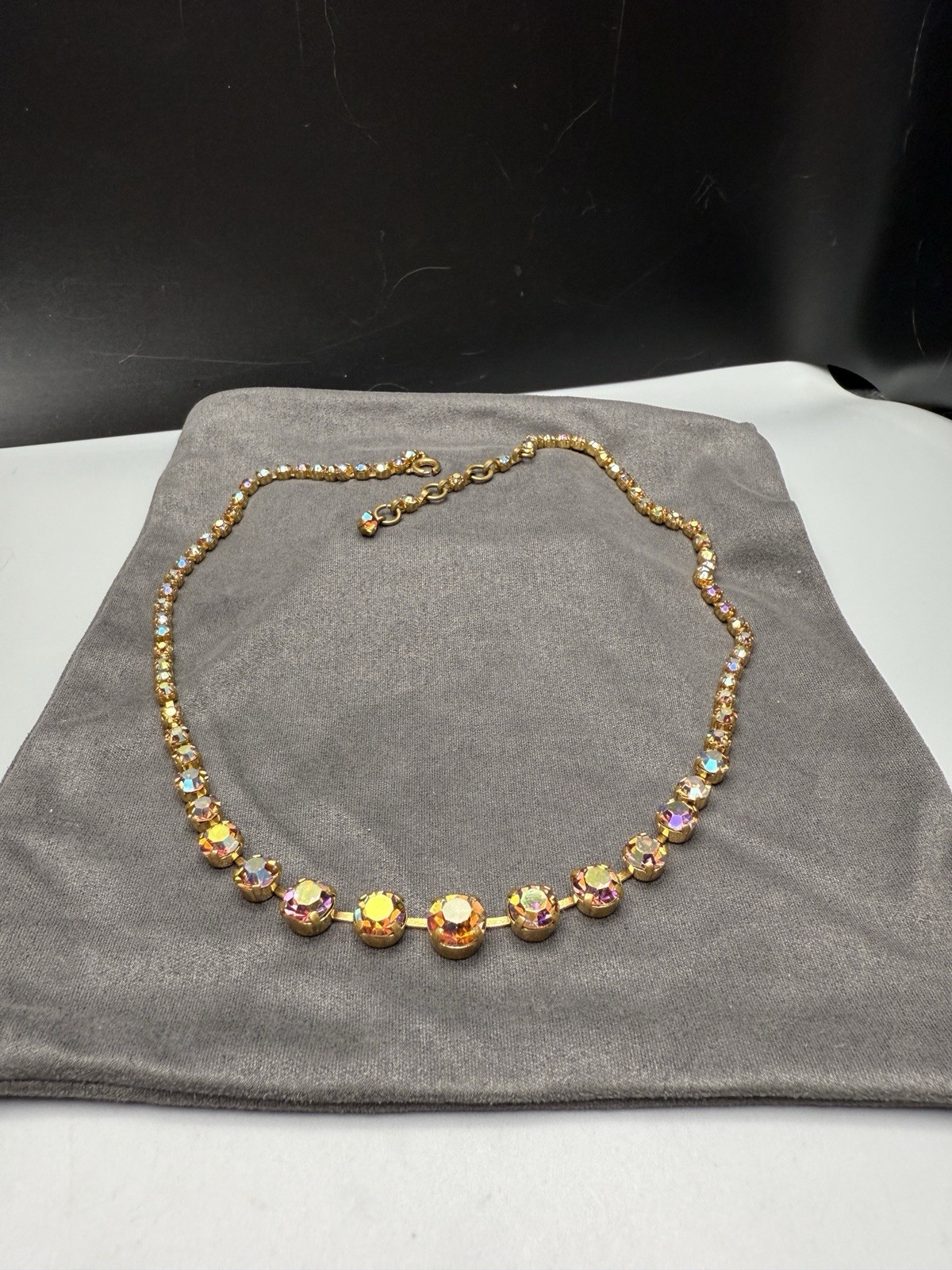 Austrian AB Crystal Rhinestone Necklace Vtg 17.5-18.5” Graduated Stones 8-3mm