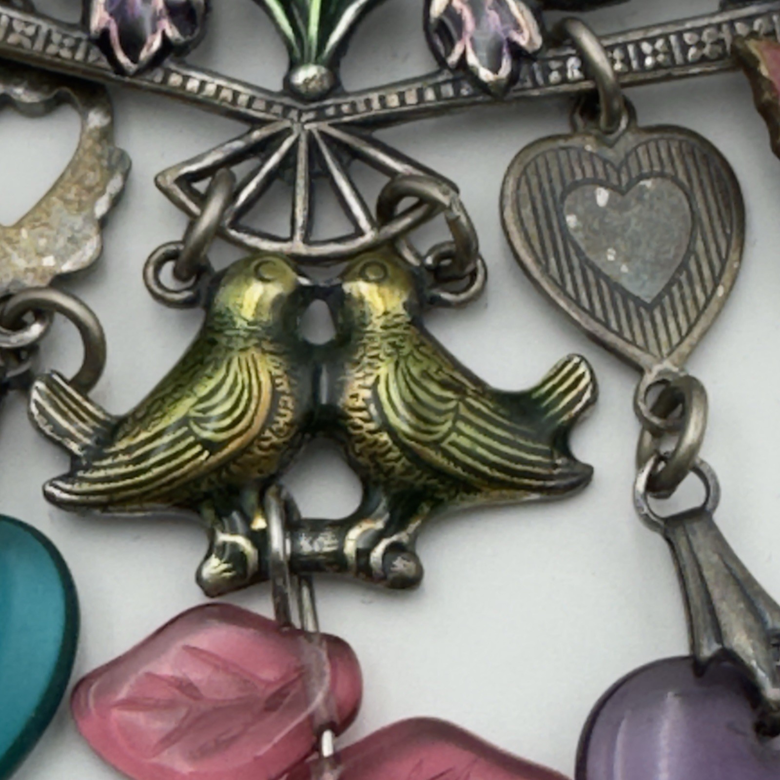Glass Works Studio Dangling Victorian Charm Brooch Pin Heart Butterfly Birds Vtg