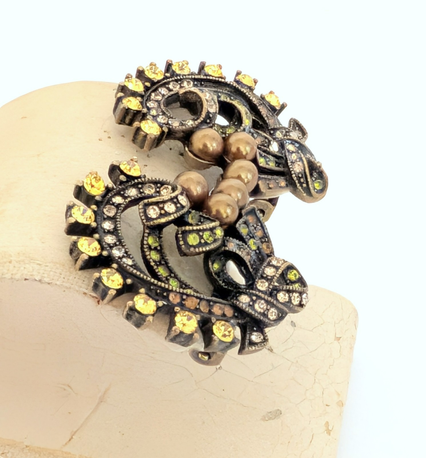 Vintage 80’s Fall Colors Rhinestone Faux Pearl Spiral Clip Earrings