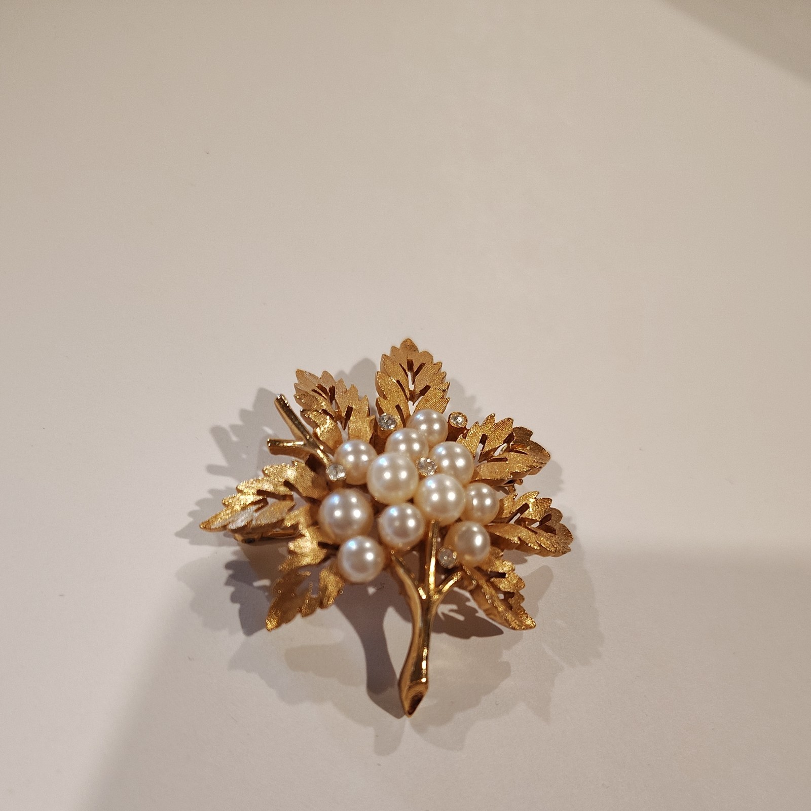 Vintage Crown Trifari Brooch, Gold-tone with Faux Pearls