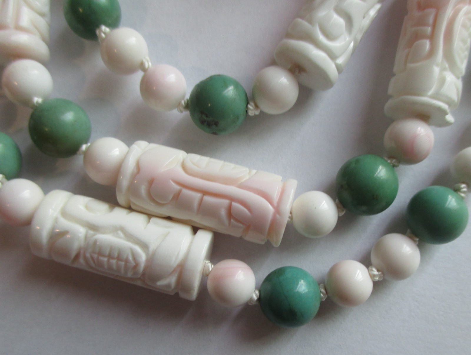 VINTAGE CARVED SHOU BARREL CONCH SHELL CORAL TURQUOISE BEAD NECKLACE STERLING