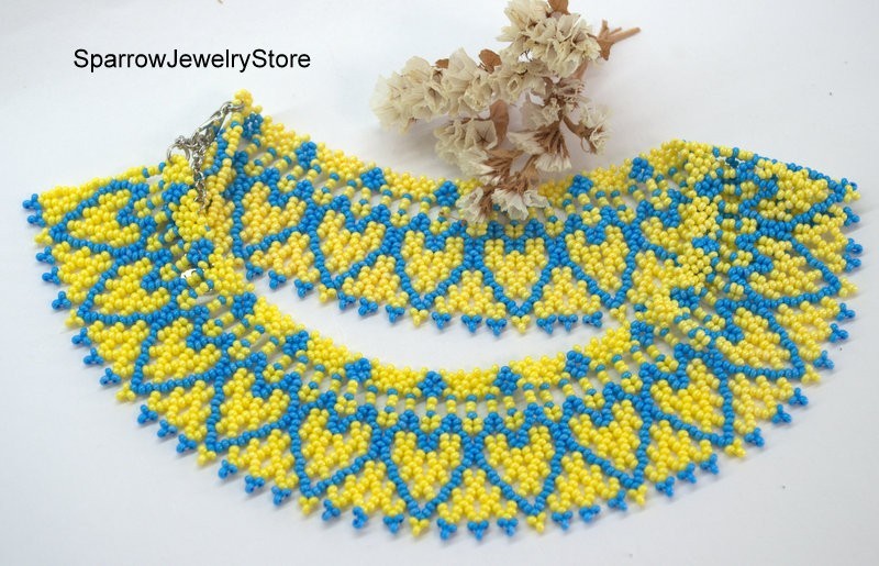 Blue yellow seed bead choker Czech glass bohemian necklace Ukrainian sylianka