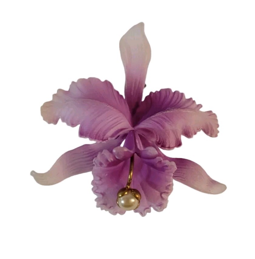 Vintage Acrylic Orchid Brooch With Pearl Purple Germany 2.5″