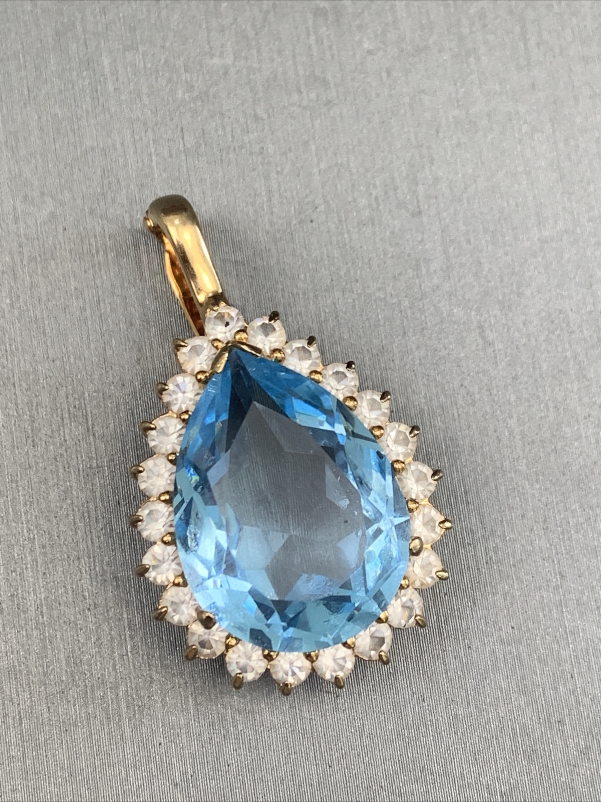Vintage Quality large Faux blue topaz Clear stone Necklace Enhancer 1”