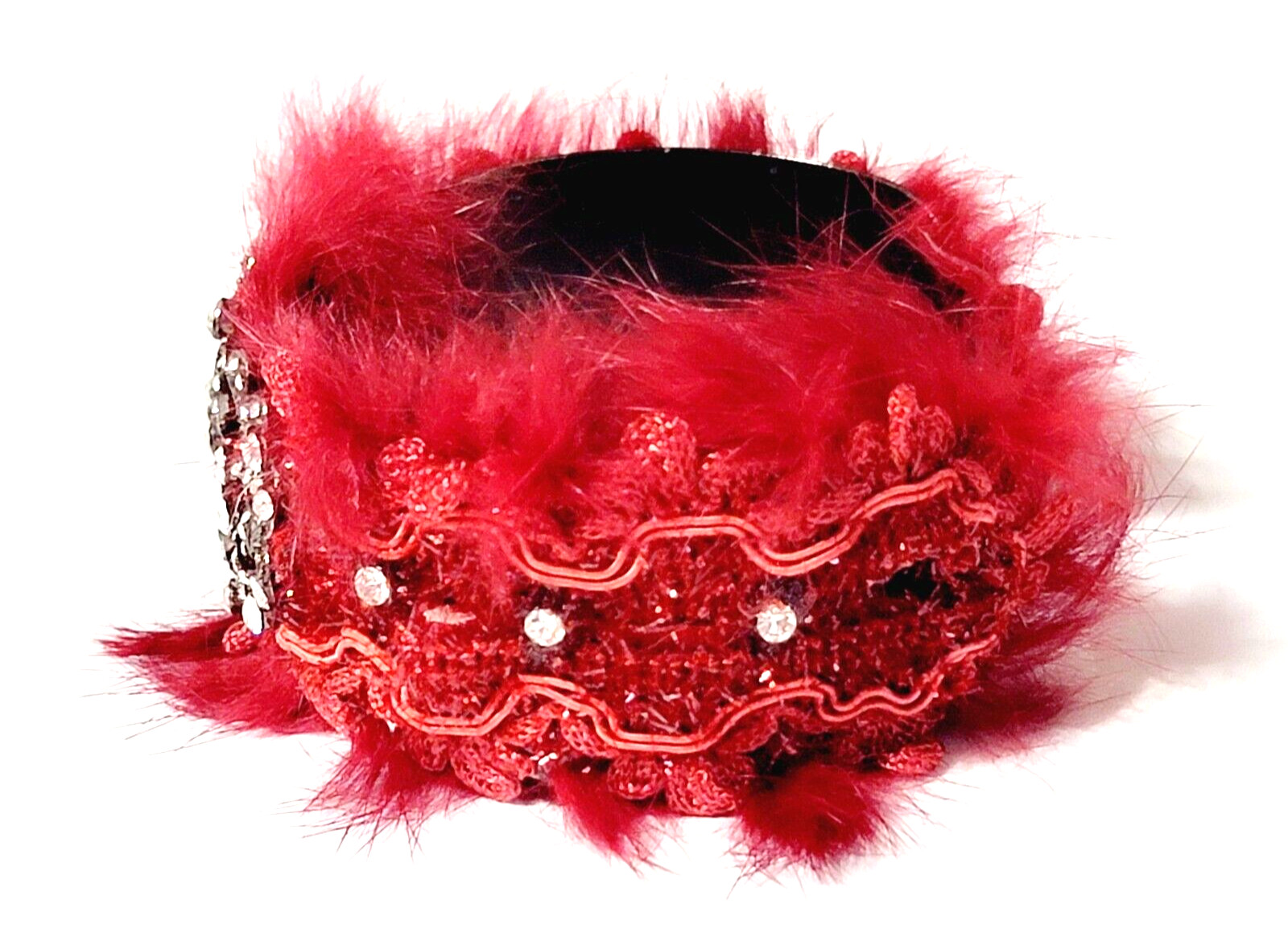 Faux Fur Red Cuff Bracelet Ornate Rhinestones Diva Statement Jewelry cfb
