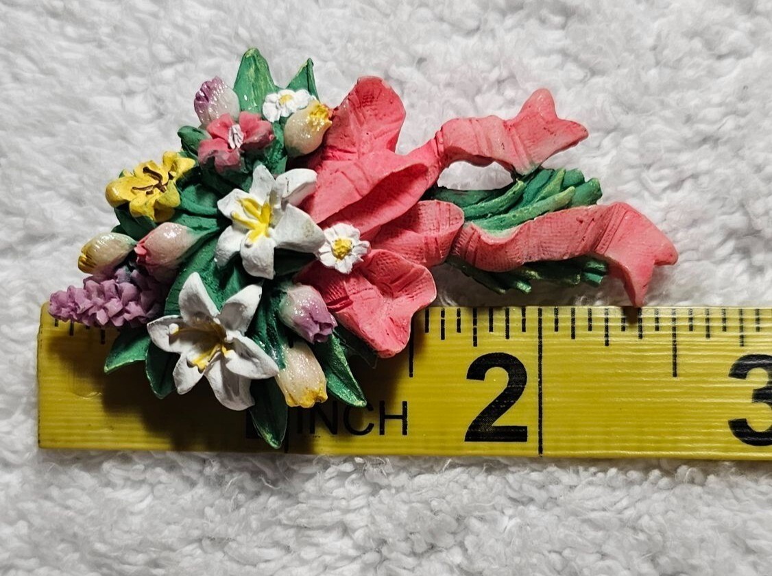 Hand-Painted Floral Bouquet Brooch Pin Multi-Color W/ Pink Ribbon Design