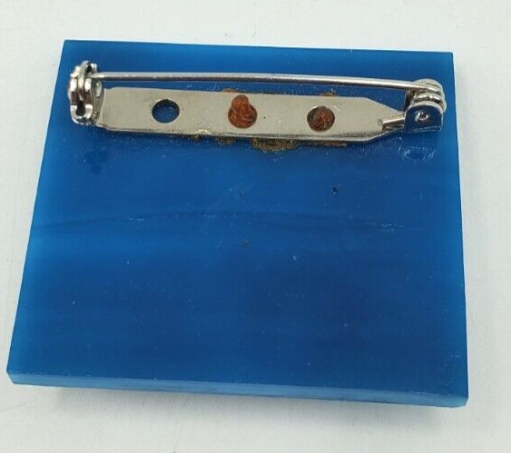 Classy Fused Glass House on Beach Pin. Blues Gold Red Brooch Blue Ocean View