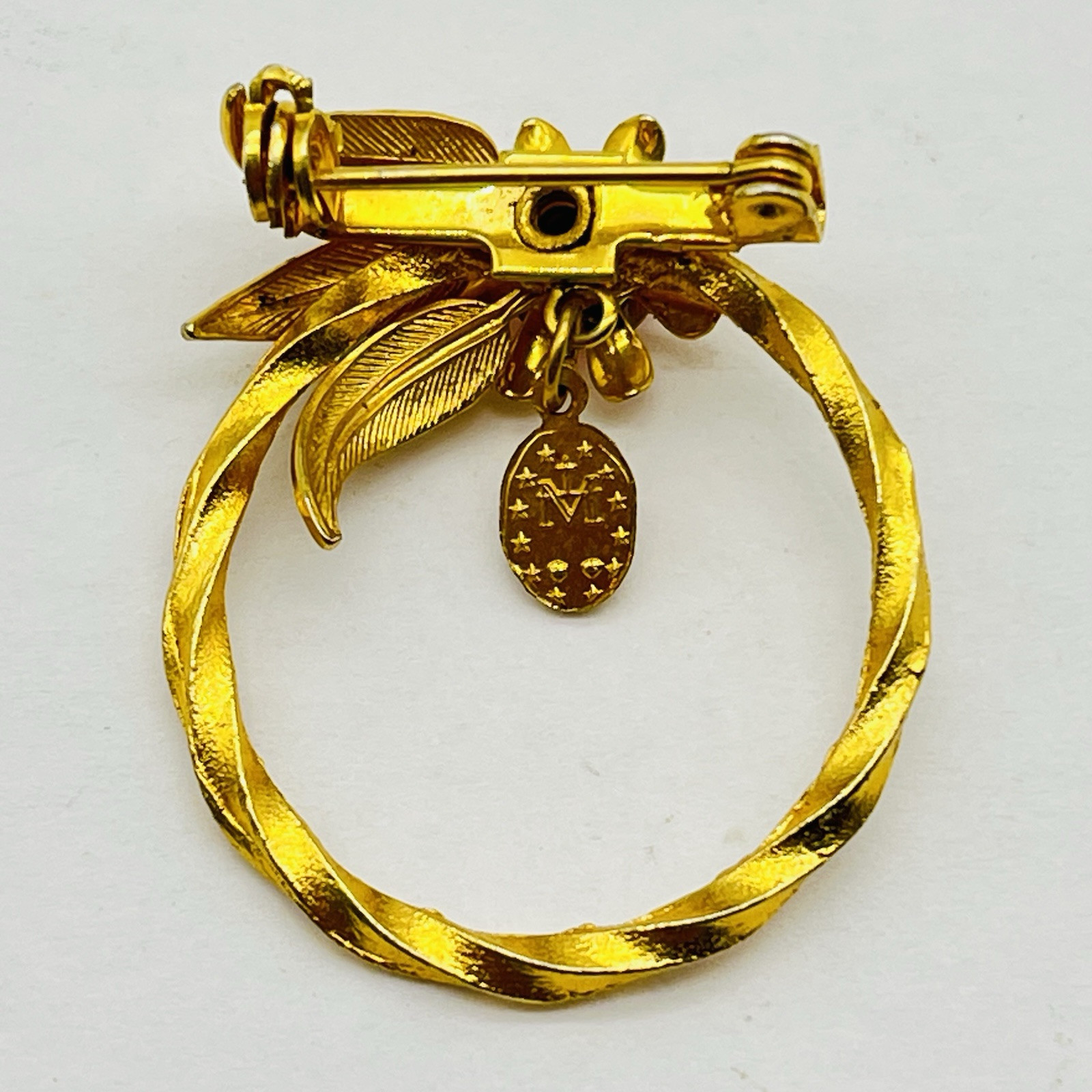 Vintage Miraculous Medal Flower Brooch Pink Rhinestone Gold Tone