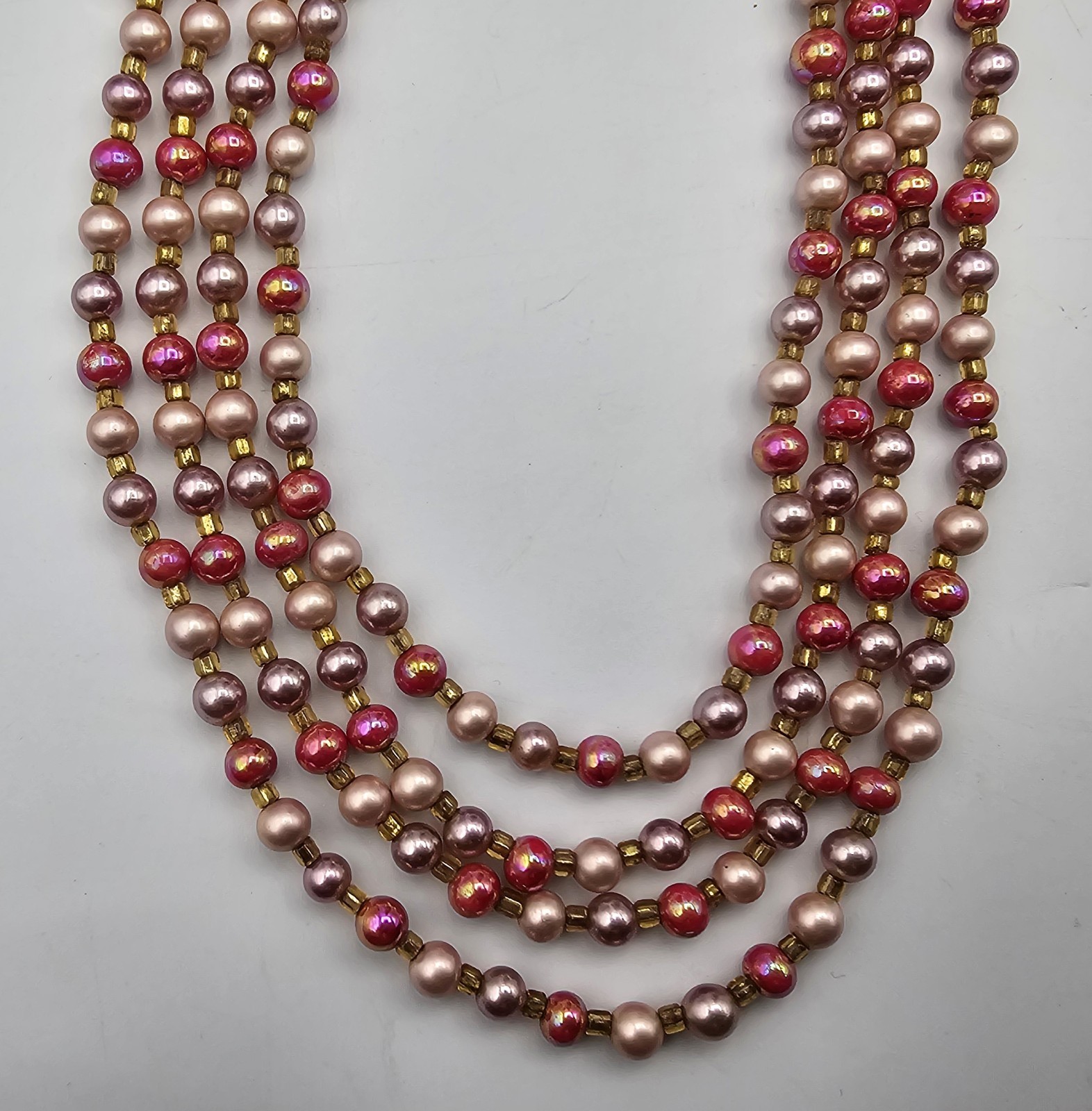 Vintage Multi-Strand Faux Pearl Necklace ~ Pinks & Purples Three Strand Japan