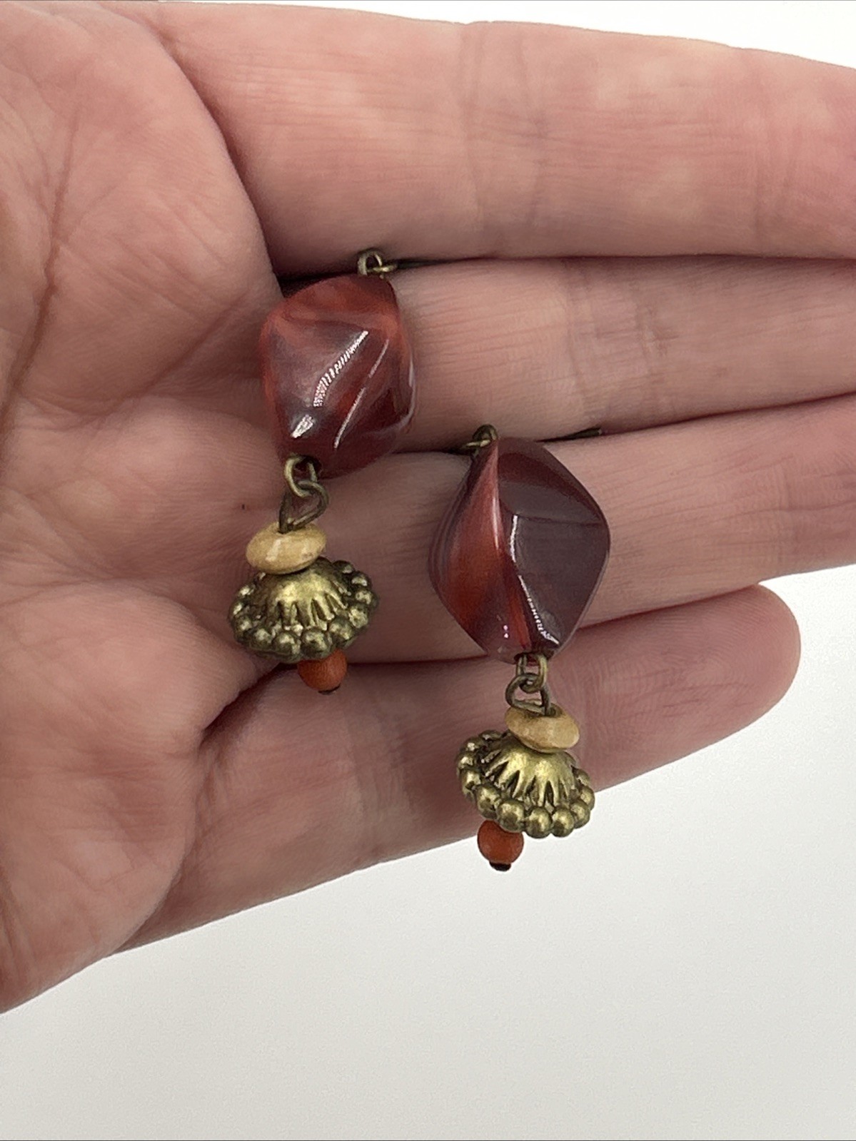 Vintage Redish Brown Marbled Resin Boho Dangle Earrings