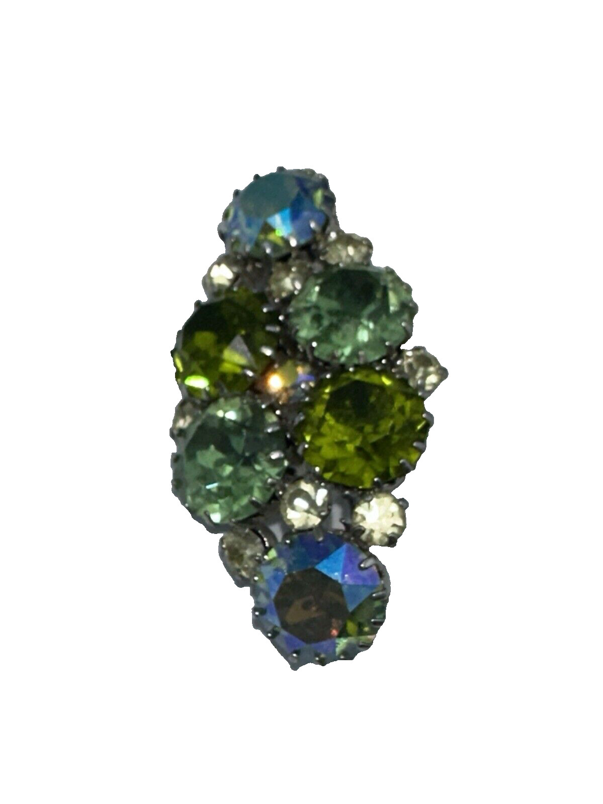 Vintage Austrian Rhinestone Brooch Faceted AB Green White Crystal Cluster Pin