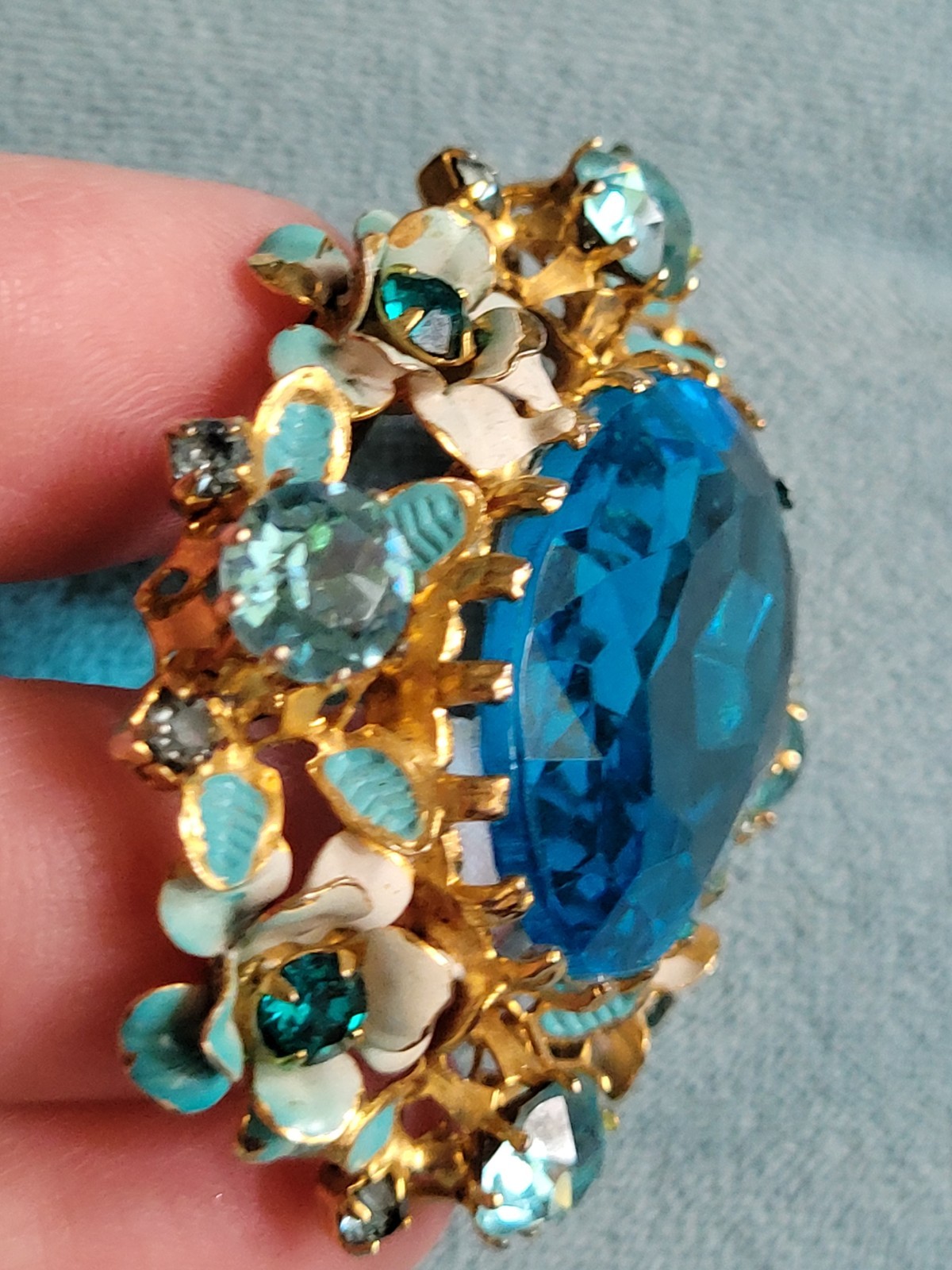Vintage 1950’s Austrian Large Blue Crystal w Enamel Flowers Pendant Brooch